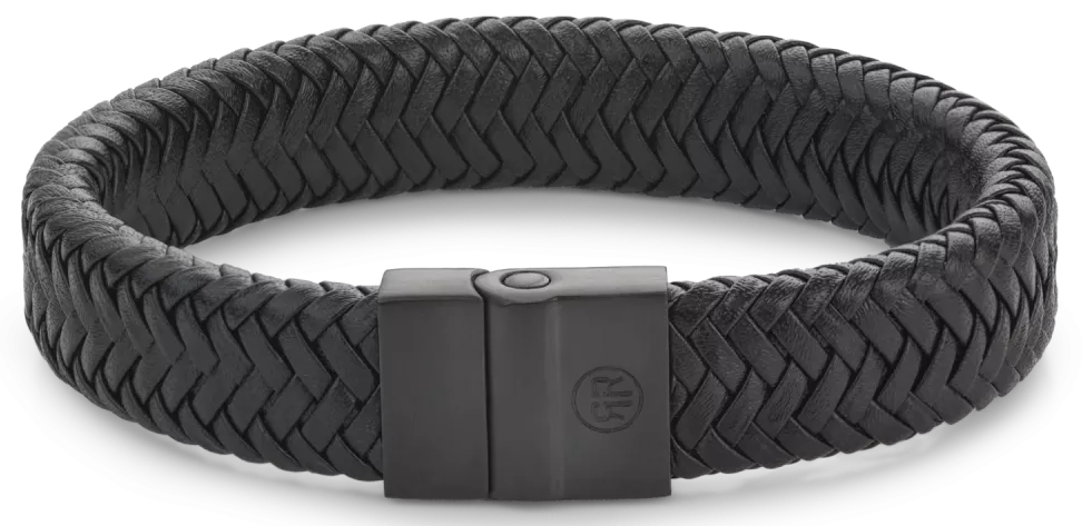 Armband aus 15mm dickem, schwarzem Leder mit schwarzem Edelstahlverschluss - Rebel&Rose Modell: RR-M0033-B-L