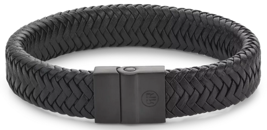 Armband aus 15mm dickem, schwarzem Leder mit schwarzem Edelstahlverschluss - Rebel&Rose Modell: RR-M0033-B-L