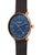 Herrenuhr mit blauem Zifferblatt und braunem Lederarmband, roségoldene Krone rechts
