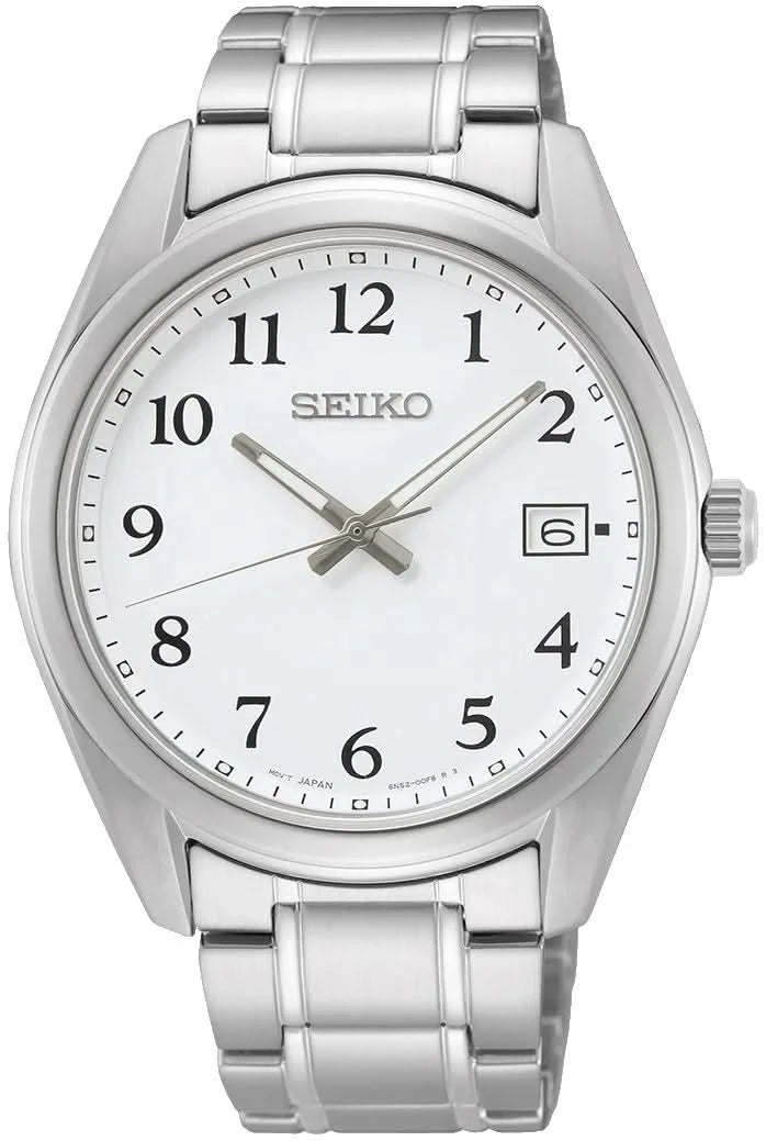 SEIKO Herrenarmbanduhr mit silbernem Edelstahlarmband und weißem Zifferblatt, Datumsanzeige