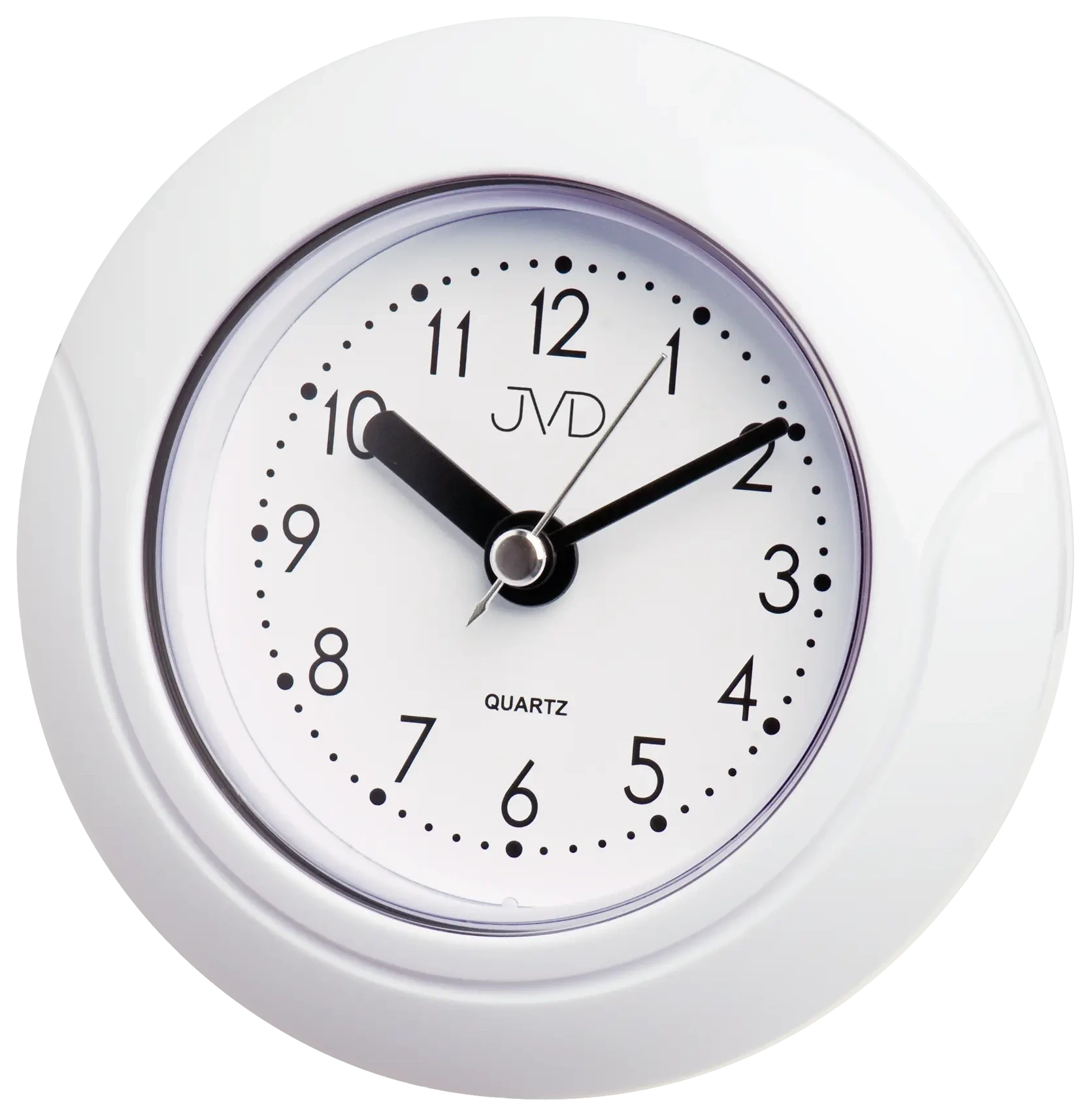Runde Wanduhr mit weißem Kunststoffgehäuse, schwarzem Zifferblatt und Zeigern, JVD