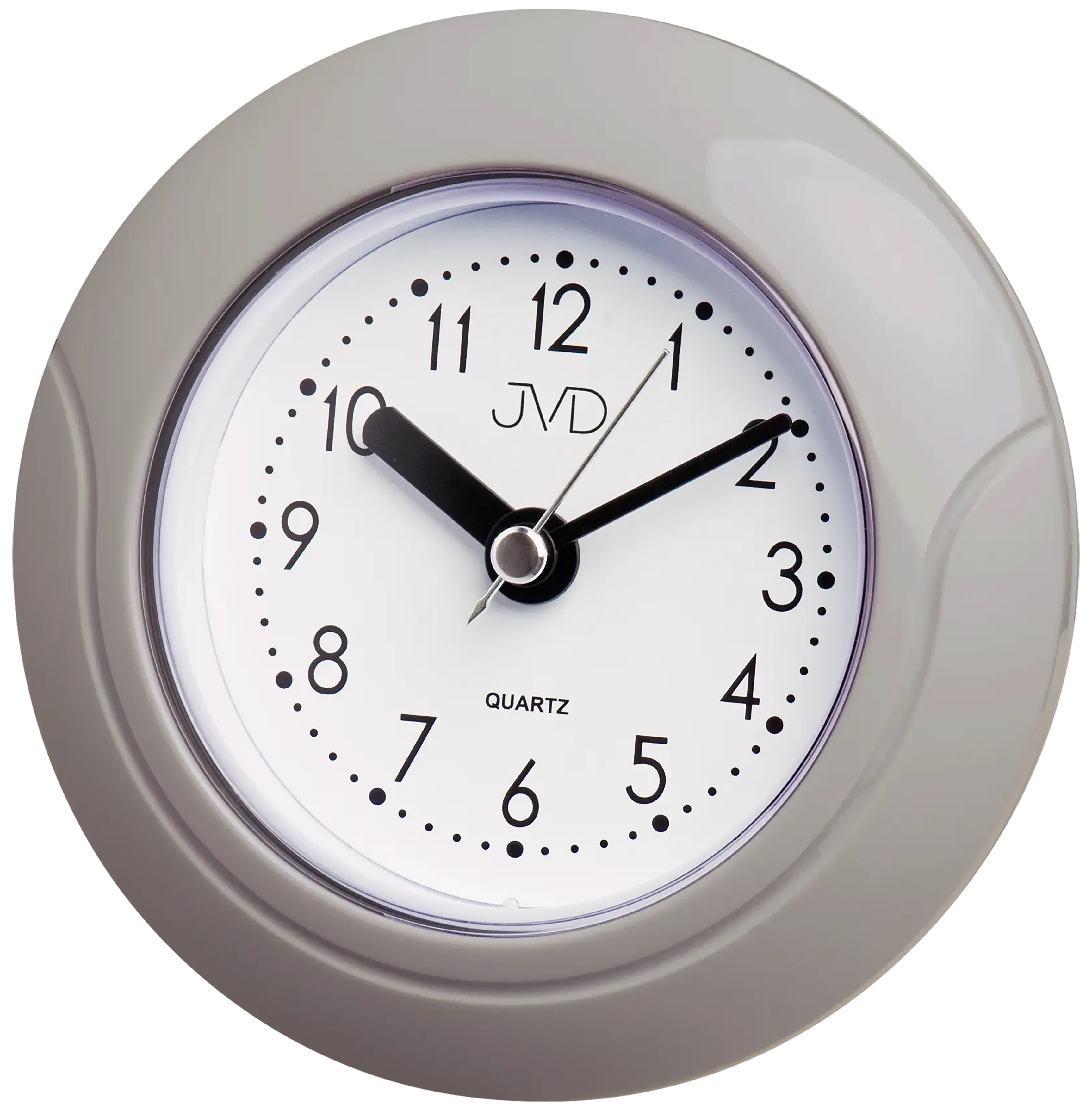 JVD Wanduhr aus Kunststoff, rund, graues Gehäuse mit weißem Zifferblatt und schwarzen Zeigern