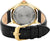 Rückseite einer Herrenuhr mit goldfarbenem Gehäuse und schwarzem Lederarmband
