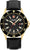 Herrenuhr mit schwarzem Zifferblatt, goldfarbener Lünette und schwarzem Lederarmband