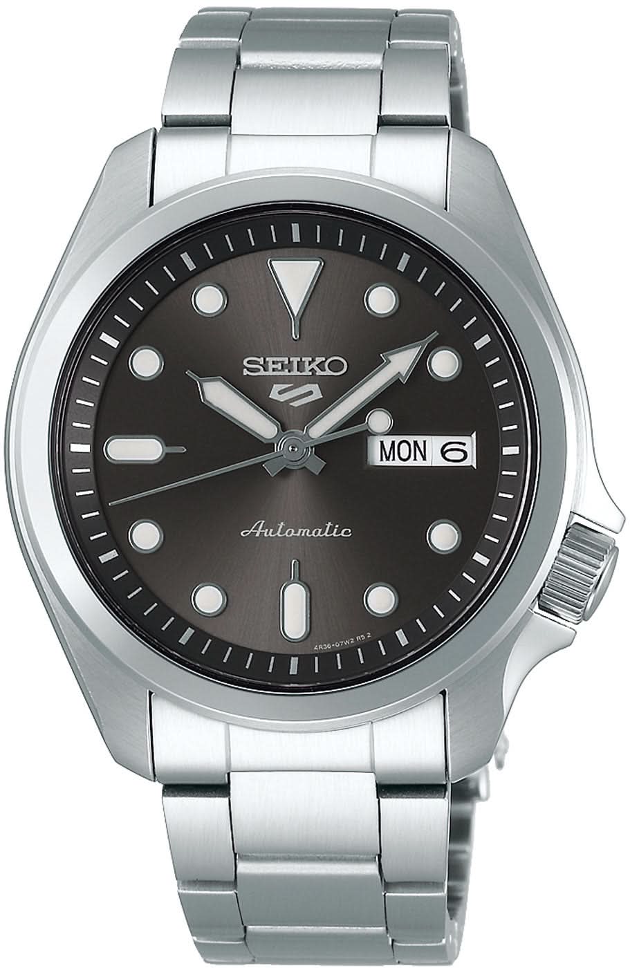 Herrenarmbanduhr mit Edelstahlband, dunklem Zifferblatt, Datumsanzeige „MON“ und Automatik-Logo