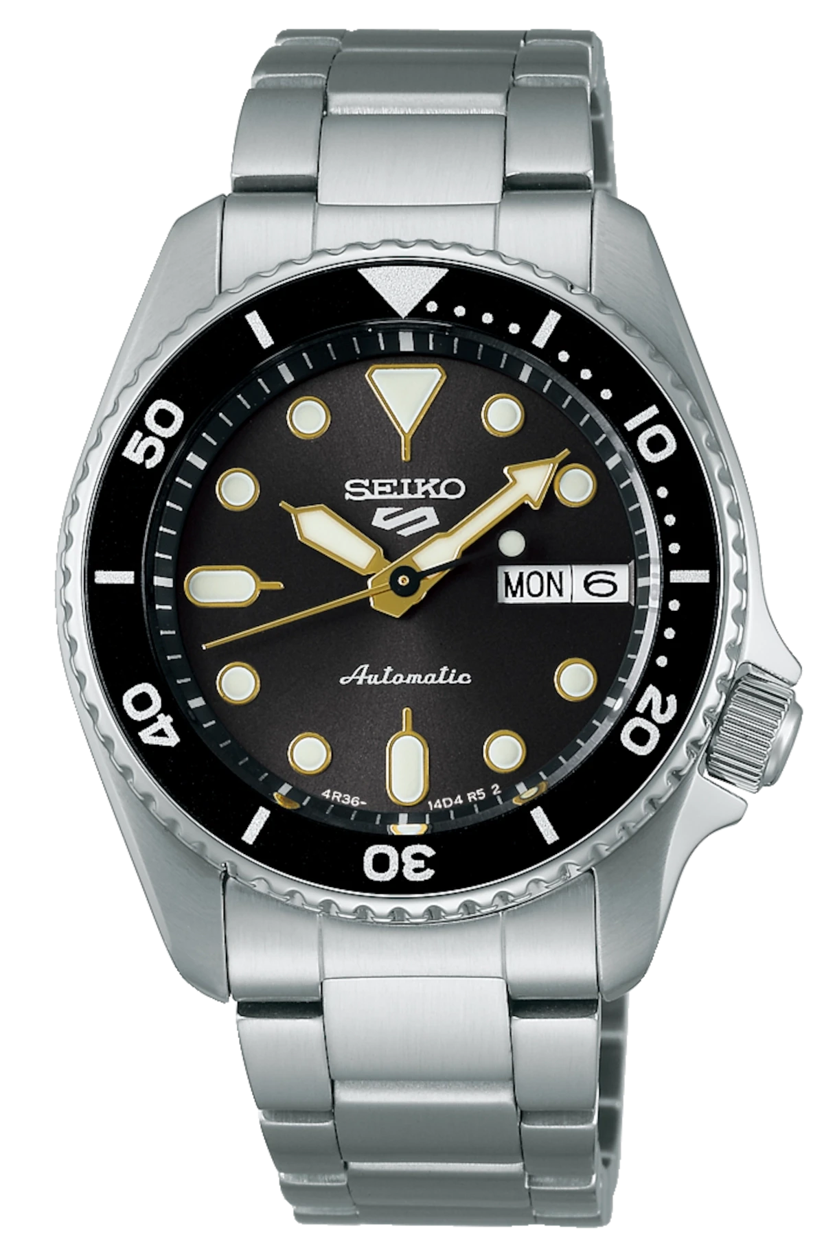 Seiko 5 Sports Automatik-Armbanduhr: schwarzes Zifferblatt, goldene Zeiger, Datum