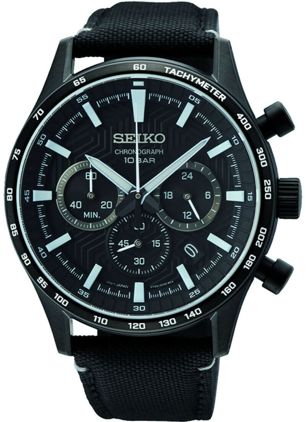 Herrenchronograph mit schwarzem Zifferblatt, Tachymeter-Lünette und schwarzem Band