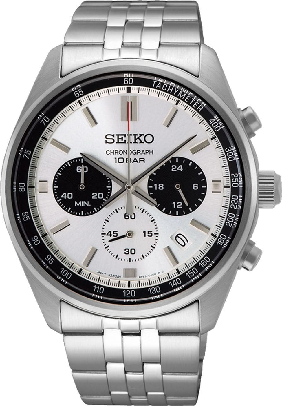 Herrenuhr mit silbernem Edelstahlband, weißem Zifferblatt und Chronographen-Funktionen