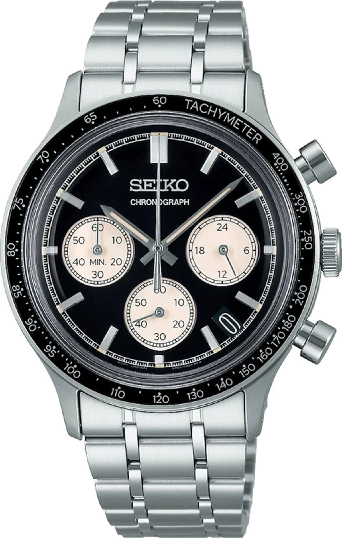 Herrenchronograph mit silbernem Edelstahlarmband, schwarzem Zifferblatt und Tachymeter-Lünette