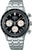 Herrenchronograph mit silbernem Edelstahlarmband, schwarzem Zifferblatt und Tachymeter-Lünette