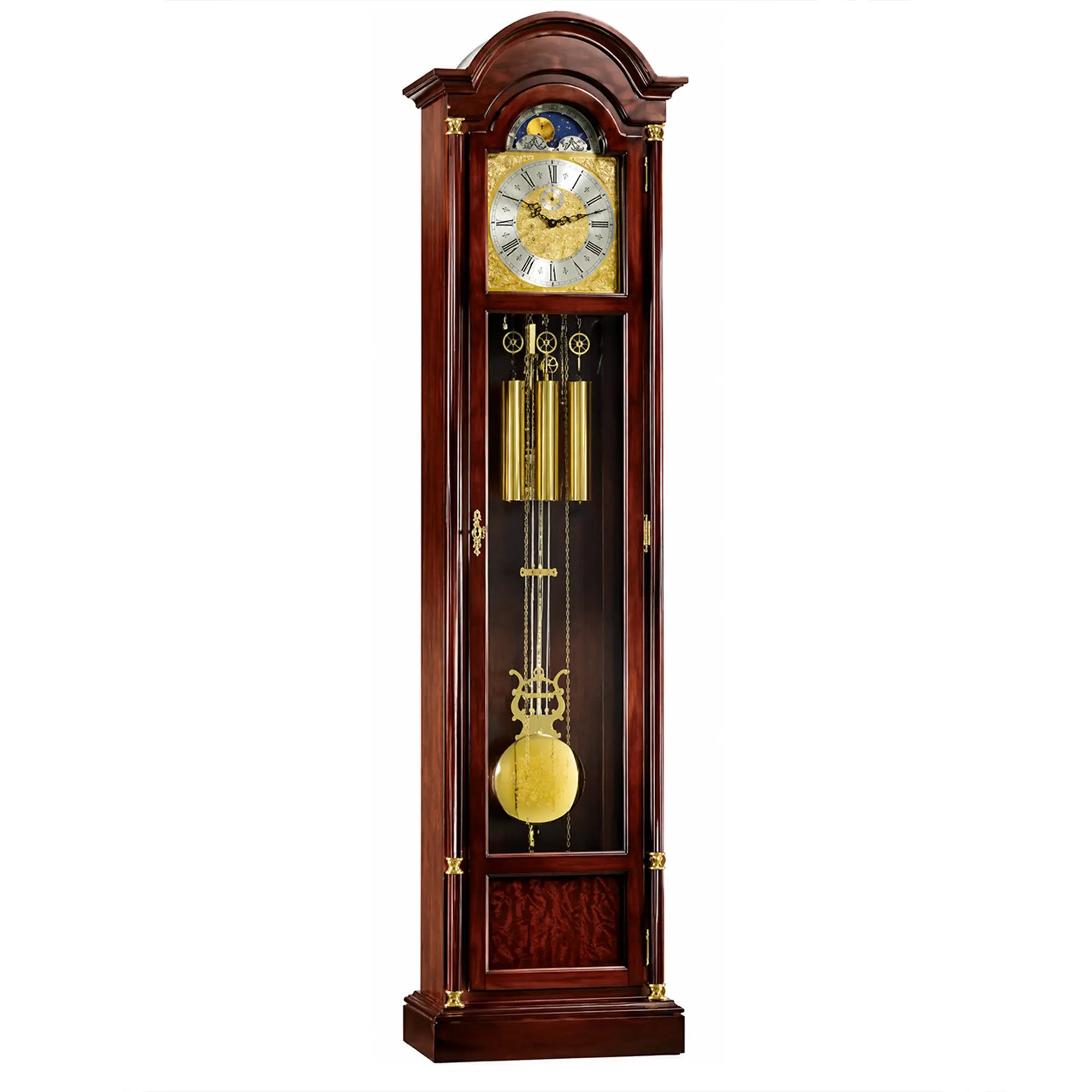 Standuhr im dunklen Holzgehäuse mit Uhrwerk, goldenem Pendel und Gewichten