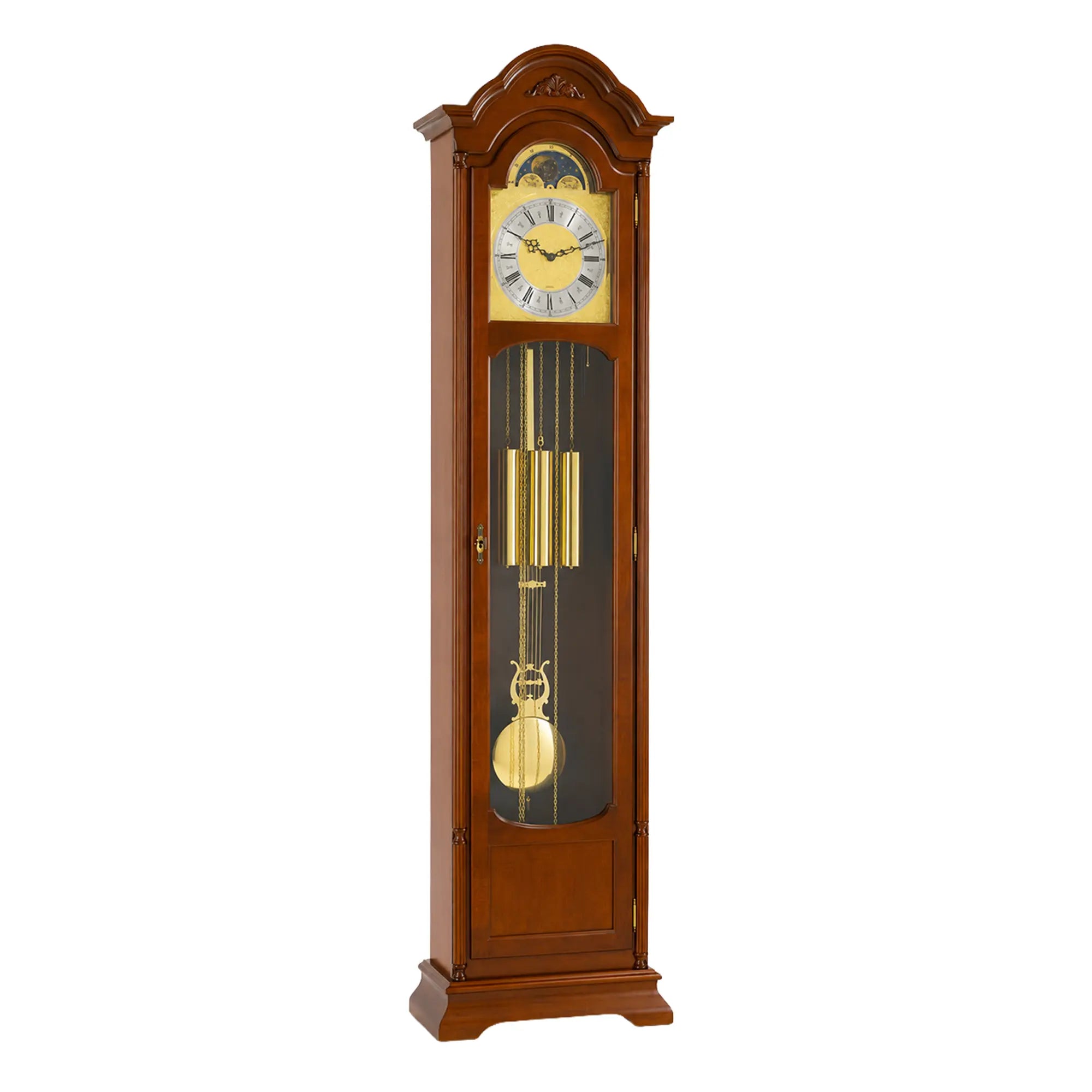 Holz-Standuhr mit rundem Zifferblatt, Glasfront und sichtbaren Pendelgewichten