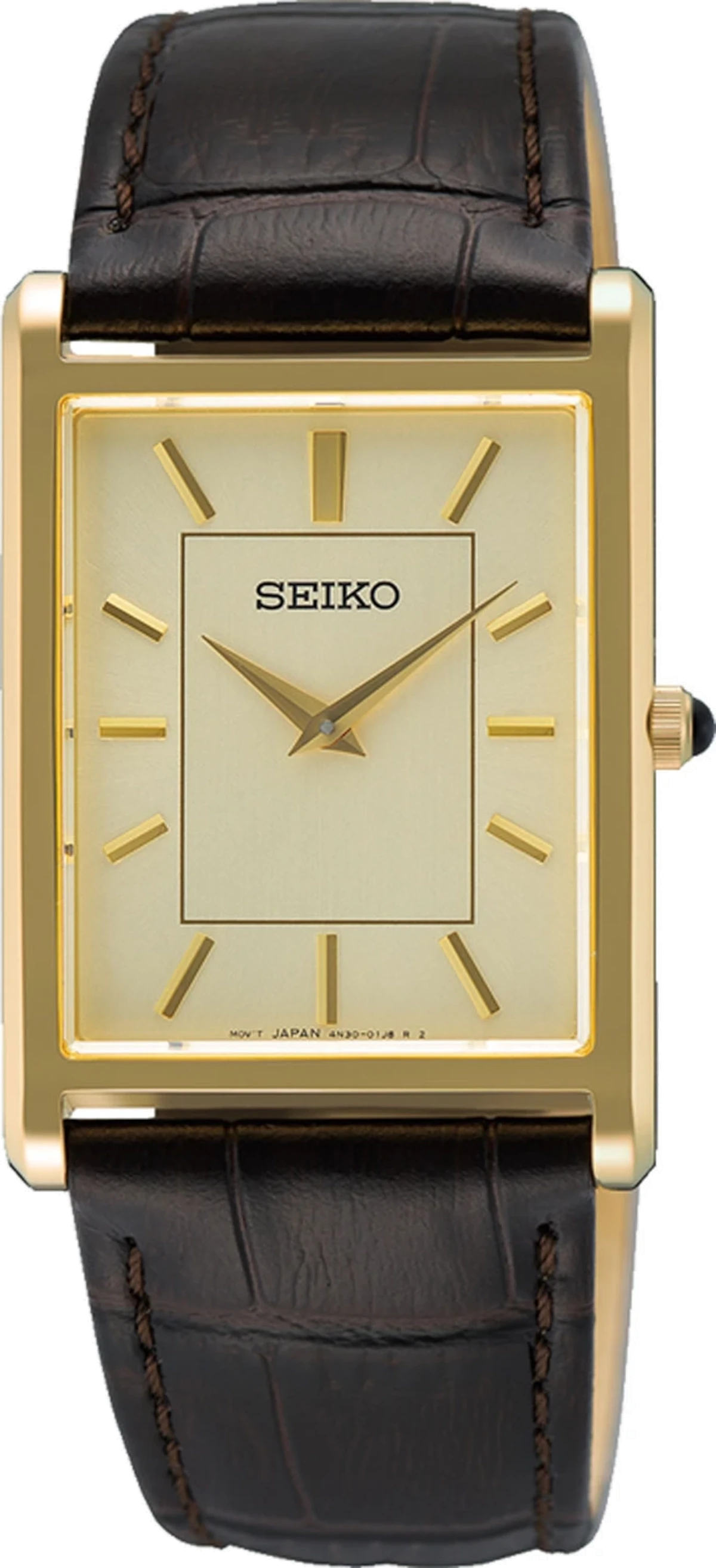 Damenuhr mit goldenem Gehäuse, beigem Zifferblatt und schwarzem Lederarmband, Seiko