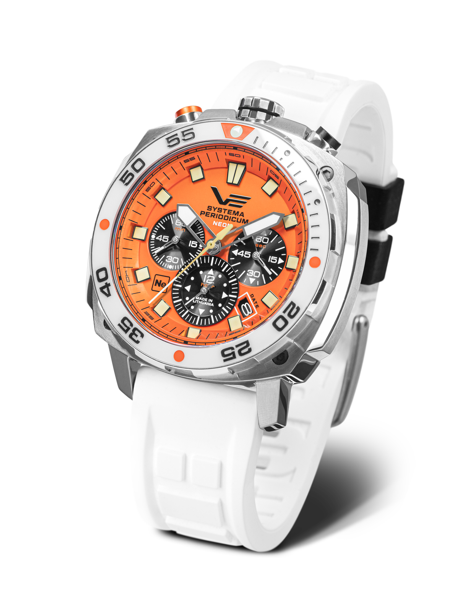 Vostok Europe Herrenuhr: orange Zifferblatt, weißes Silikonarmband, bis 20 ATM