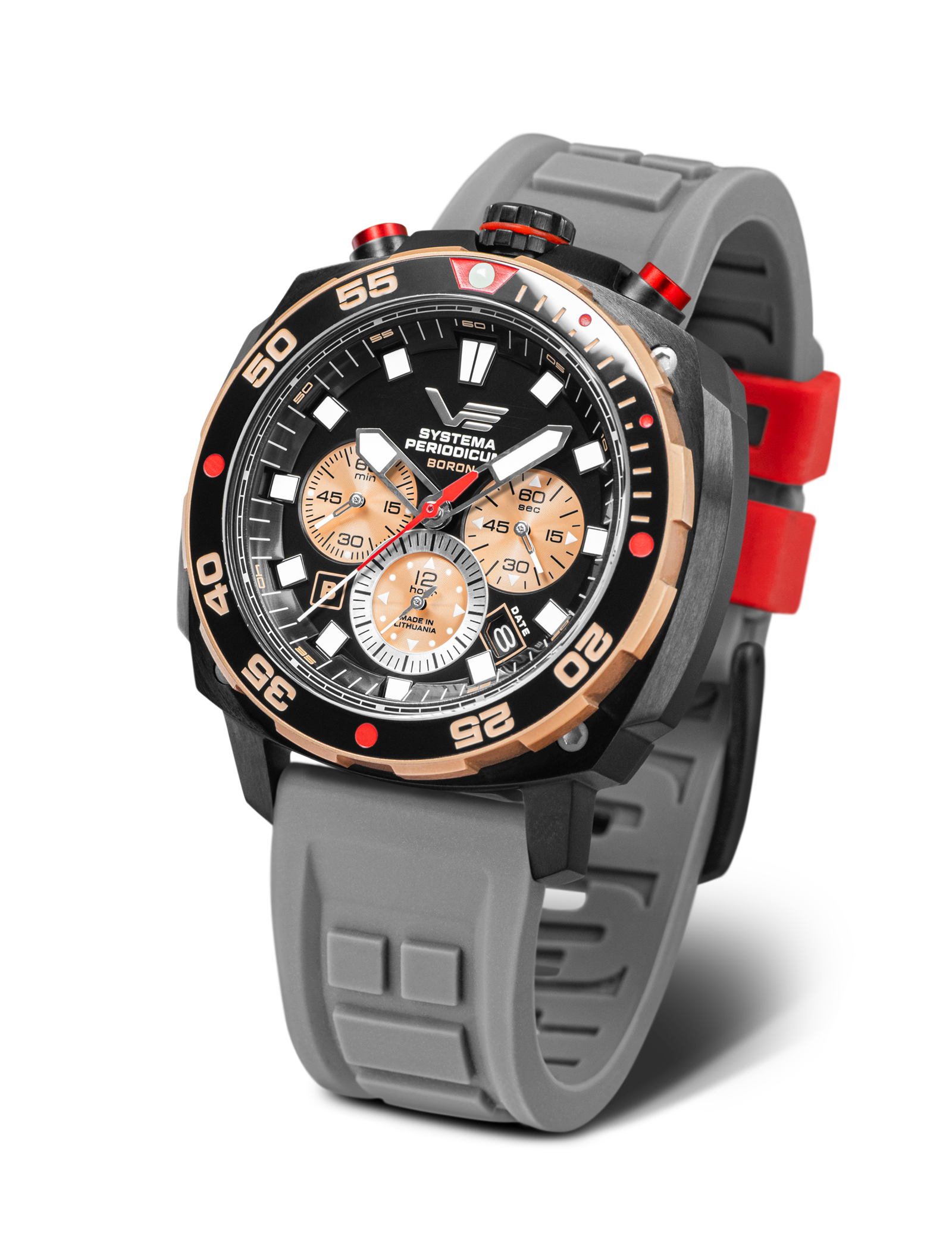 Vostok Europe Herrenarmbanduhr mit grauem Silikonband und schwarzem Zifferblatt, rot
