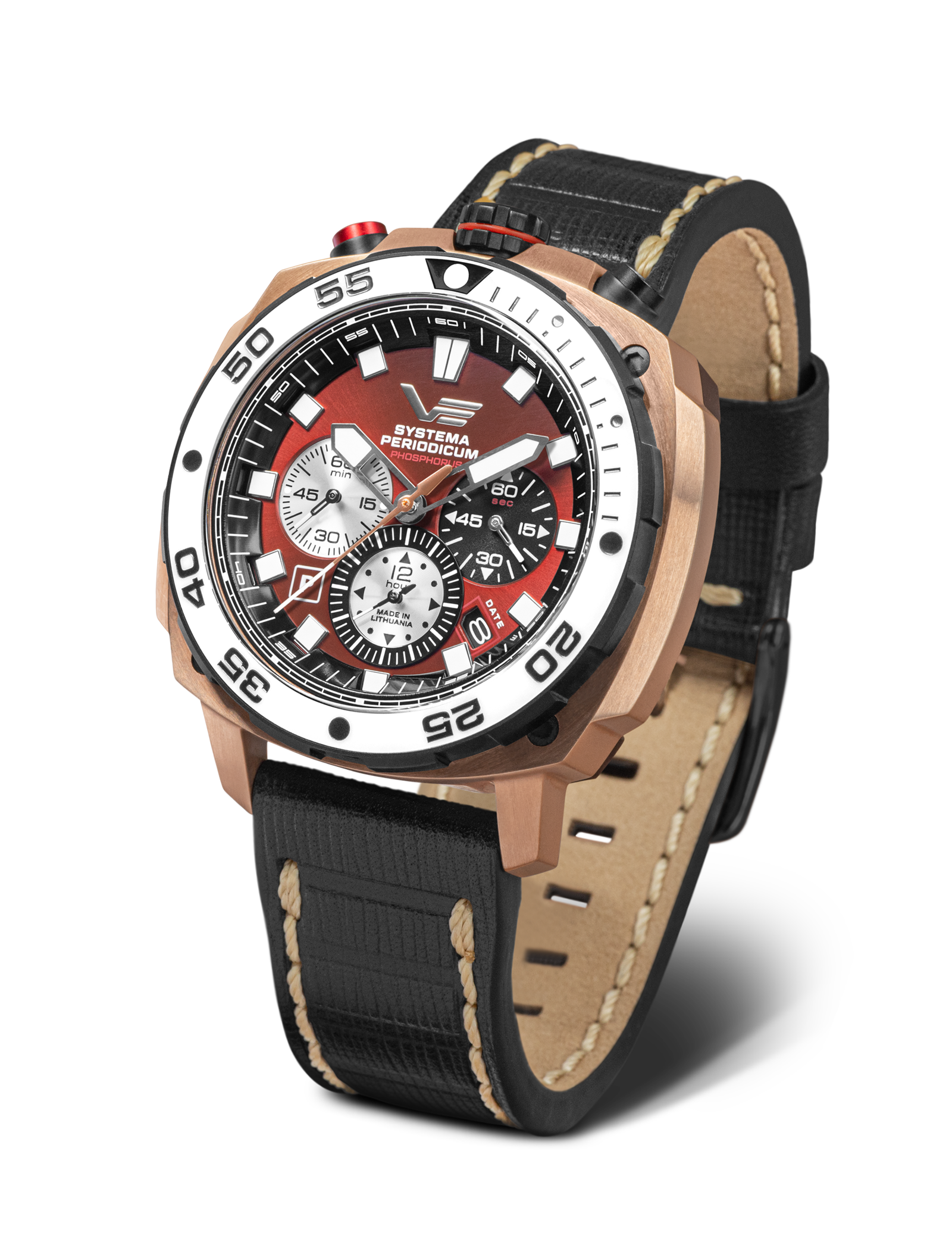 Vostok Europe herrklocka med brunt läderarmband, runt boett, röd urtavla