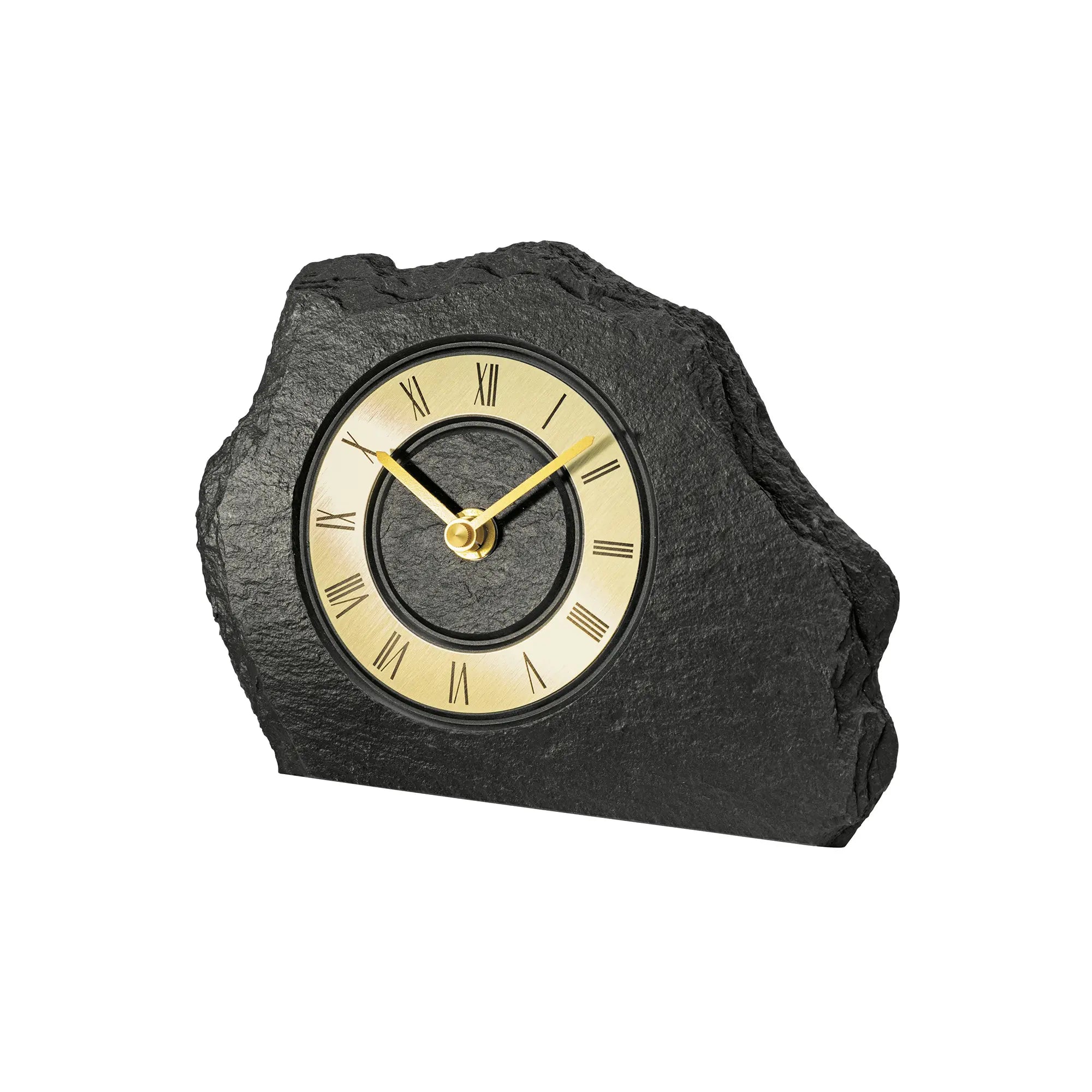Tischuhr mit schwarzem Schiefersteingehäuse und goldfarbenem Zifferblatt mit römischen Zahlen