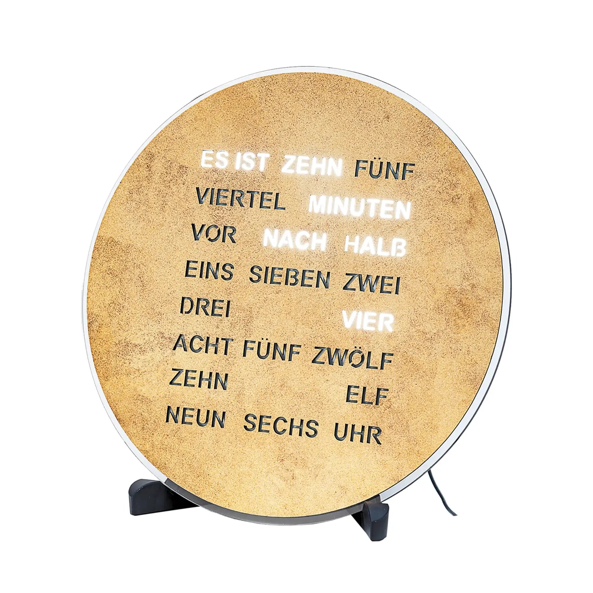 Rundes Zifferblatt einer Tischuhr mit Wortanzeige, Altmessing-Optik, schwarzer Schrift und Stand
