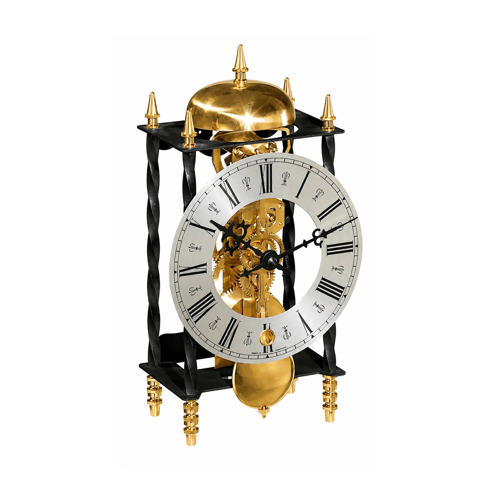 Mechanische Tischuhr mit goldenem Zifferblatt und offenem Uhrwerk, schwarzem Gestell