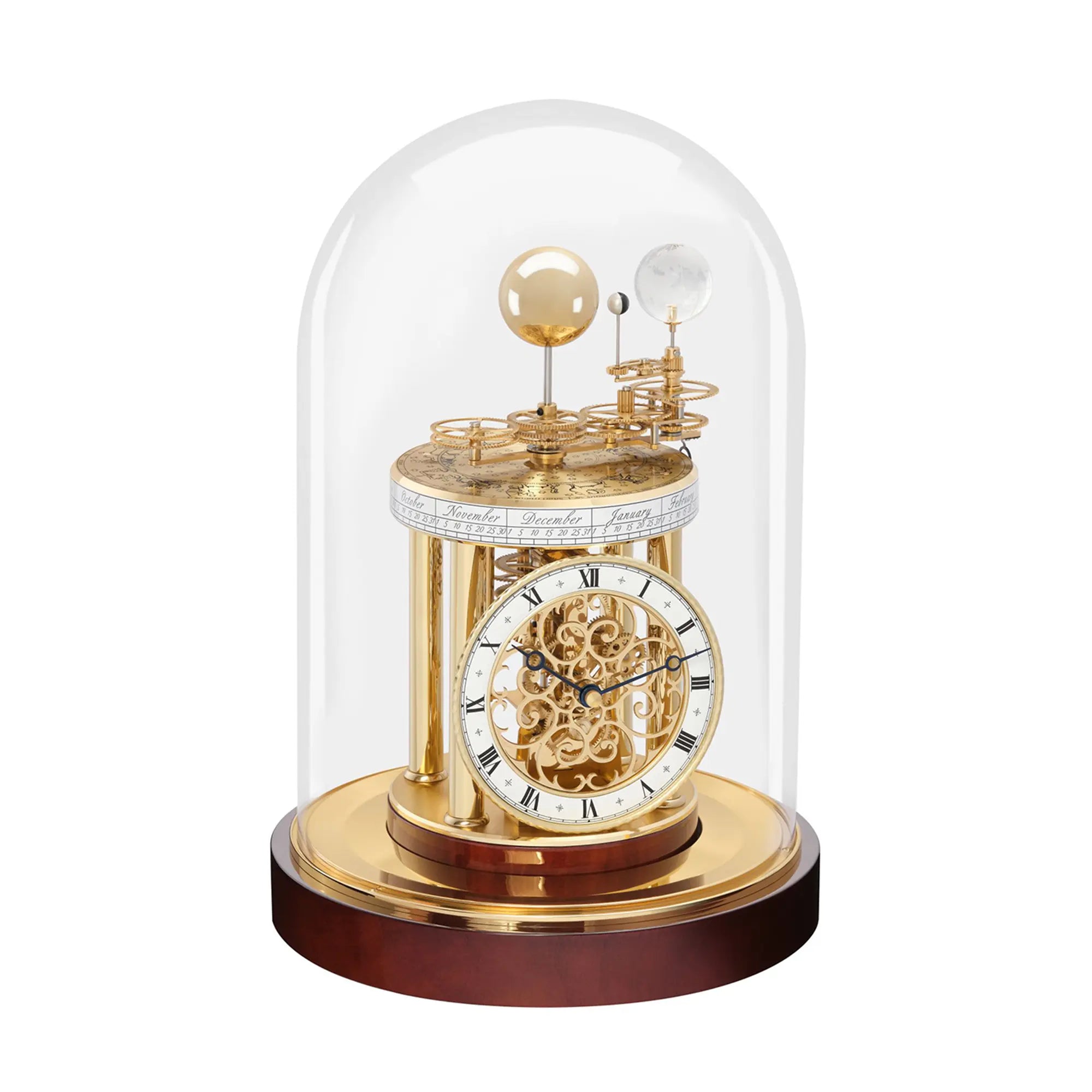 Tischuhr mit goldenem Uhrwerk unter Glasglocke, runder Sockel in Dunkelbraun