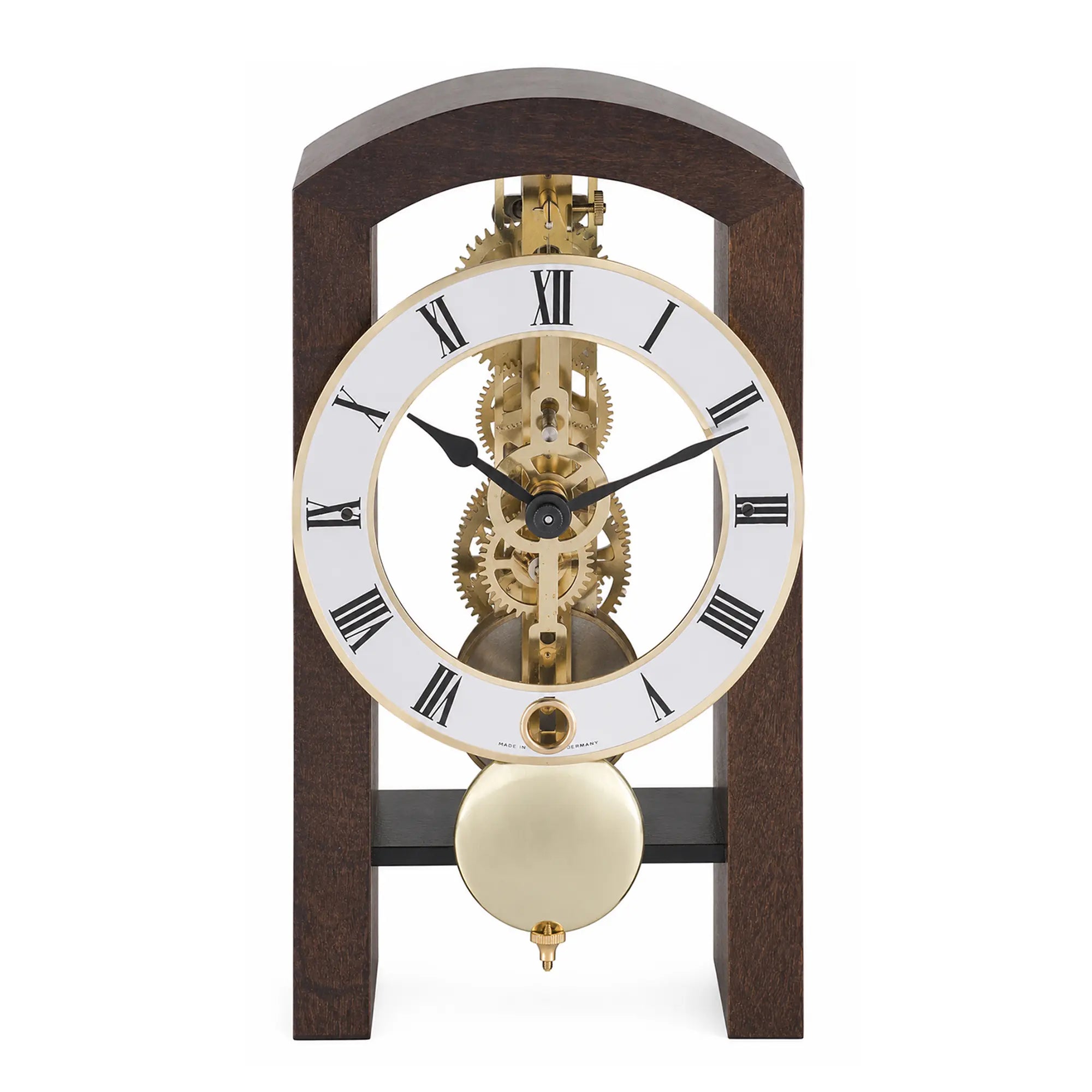 Tischuhr mit skelettiertem Uhrwerk, rundem Ziffernblatt, römischen Zahlen und Holzgehäuse