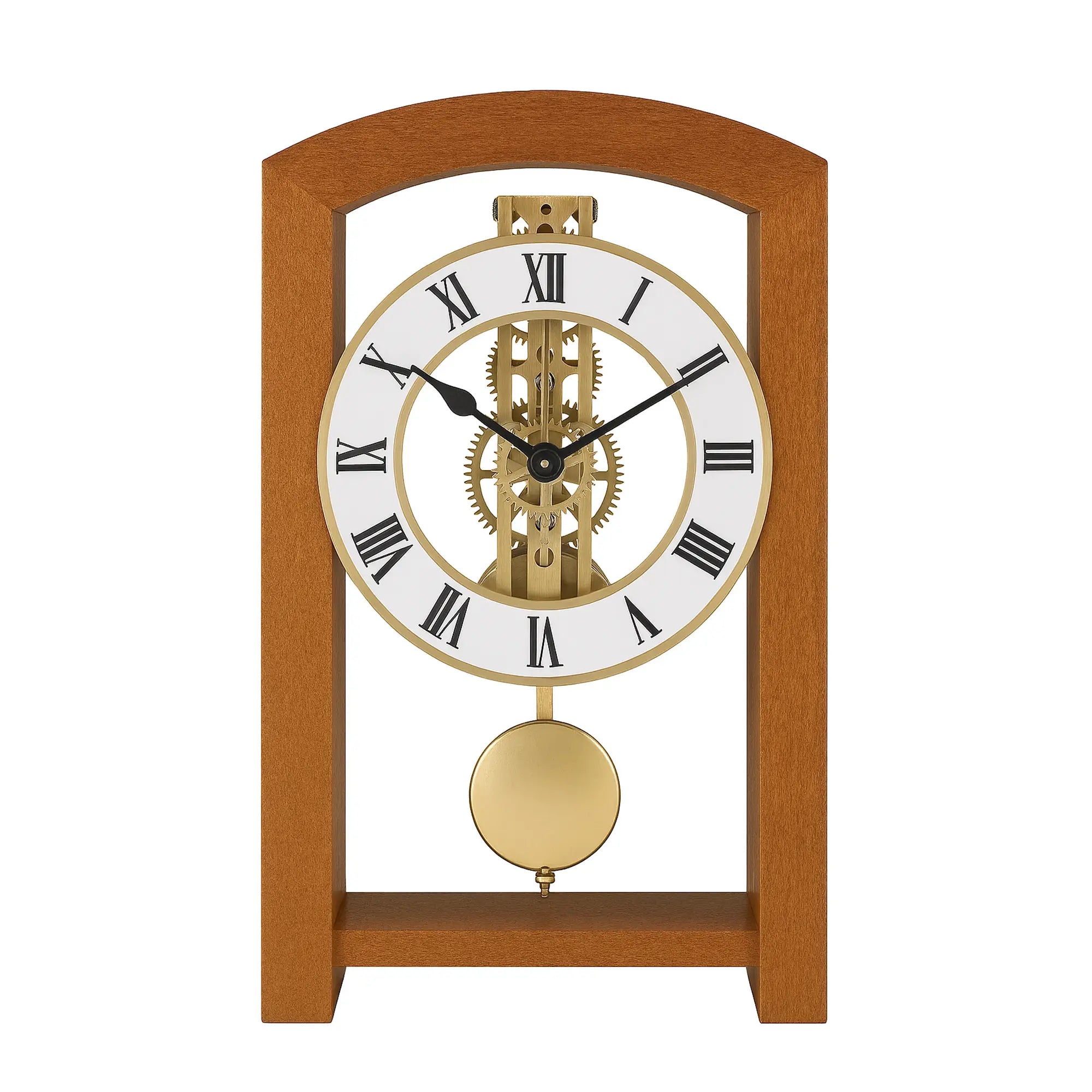 Holz-Tischuhr mit mechanischem Skelettwerk, rundem Zifferblatt und Pendelkugel