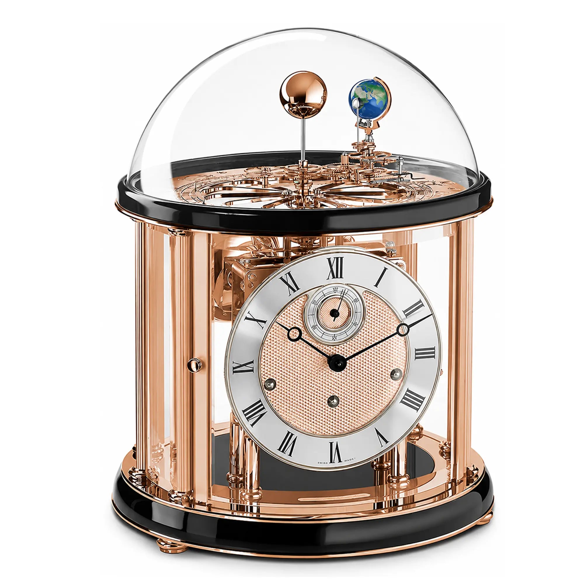 Hermle Tischuhr 35x29x29 cm Holz, Glas, Messing • Tellurium Astrologische Anzeige • Westminster Schlagwerk