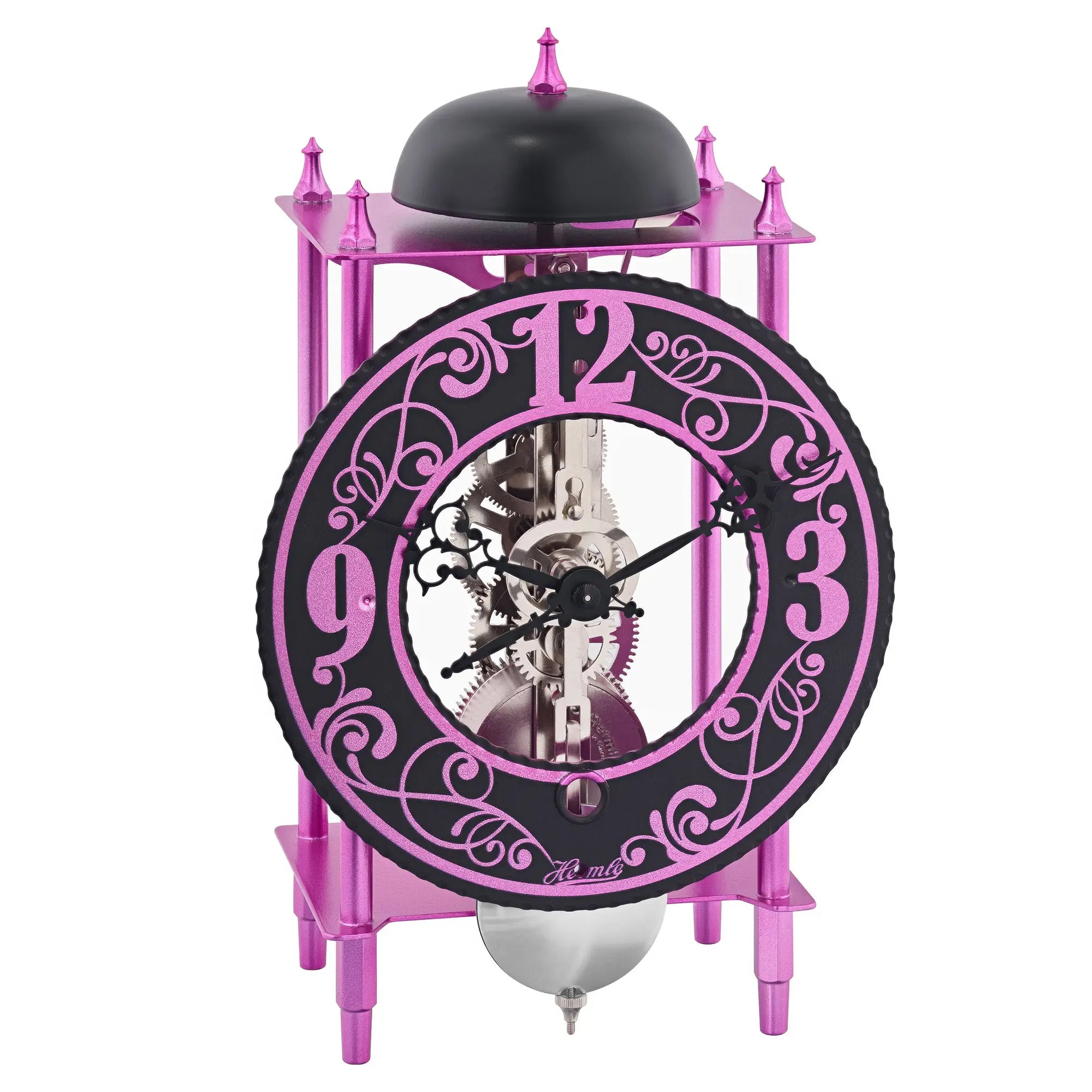 Tischuhr mit violettem Glockengehäuse, Ziffernring und sichtbarem Uhrwerk