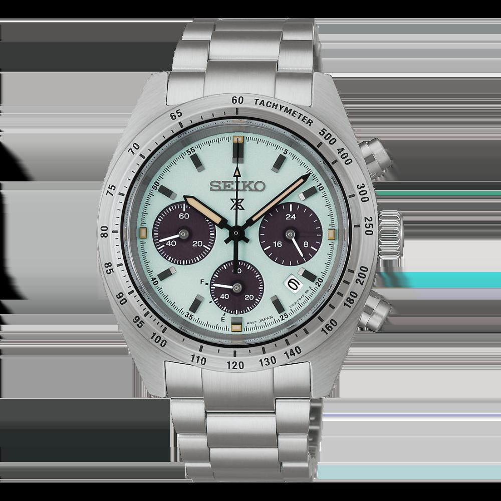 Seiko Prospex Herrenuhr mit silbernem Edelstahlband, weißem Zifferblatt und Chronographen-Subdials