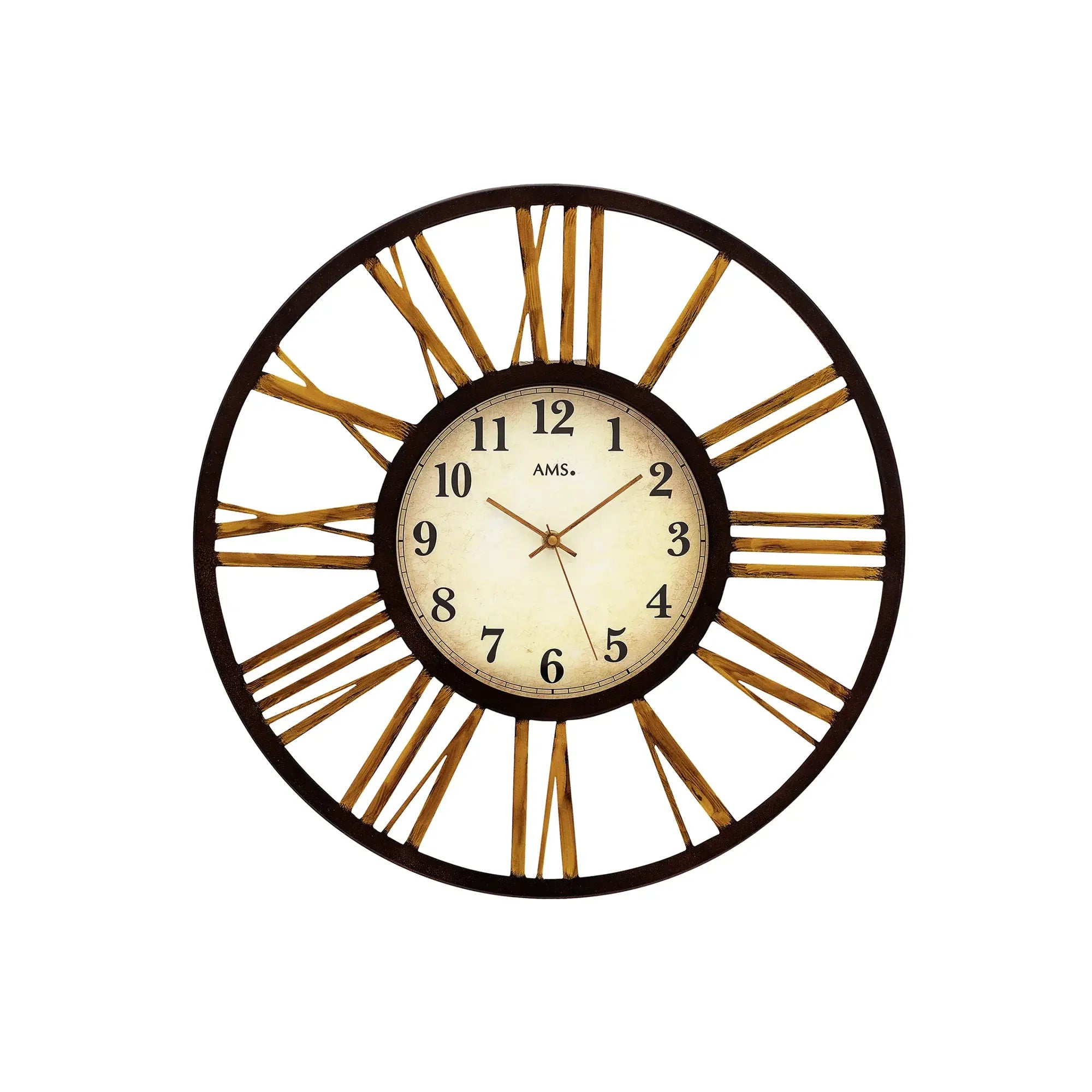Runde Wanduhr mit braunem Metallrahmen, beigem Zifferblatt und goldenen Strahlen