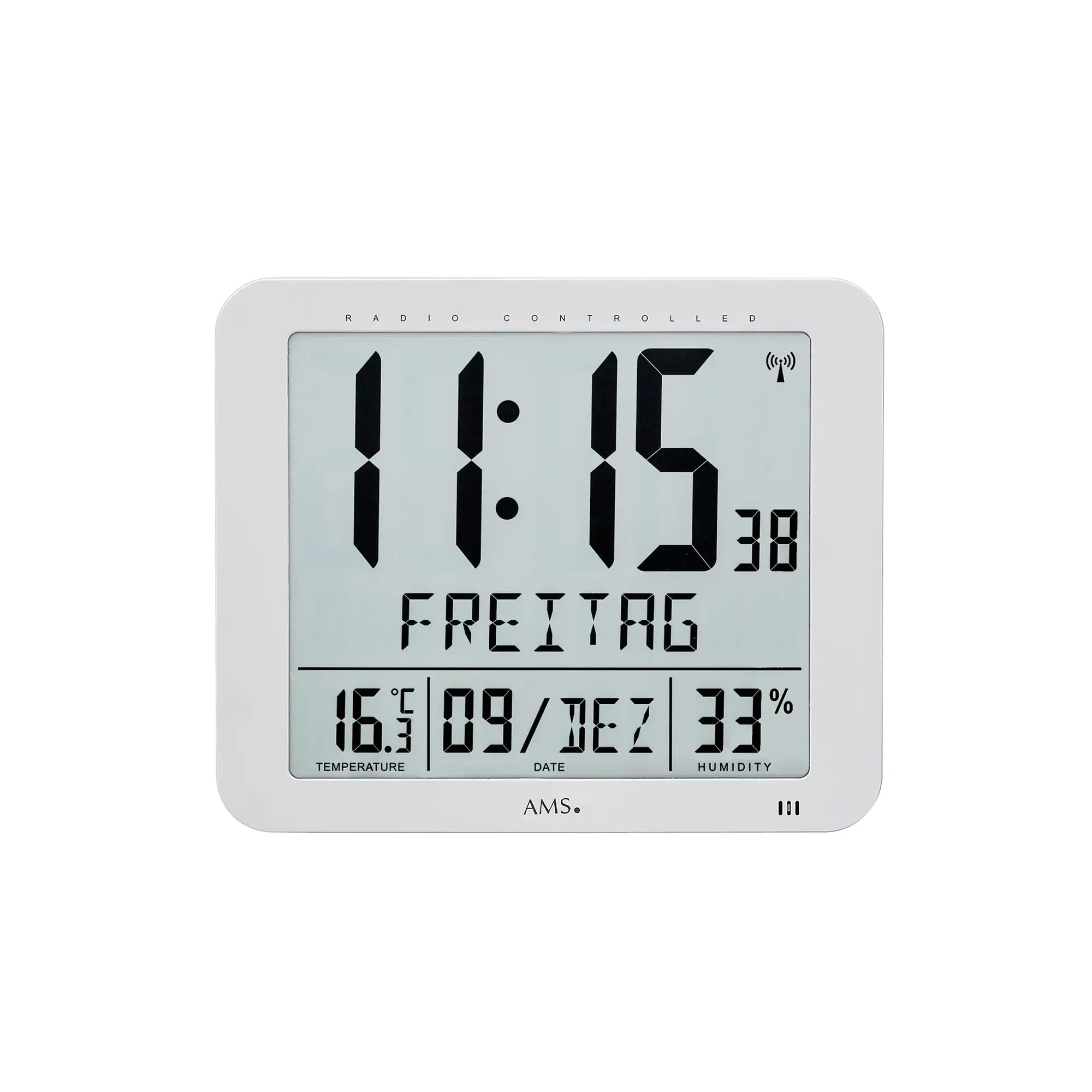 AMS Funk-Wanduhr mit digitalem Display: Zeit, Datum, Temperatur und Luftfeuchtigkeit