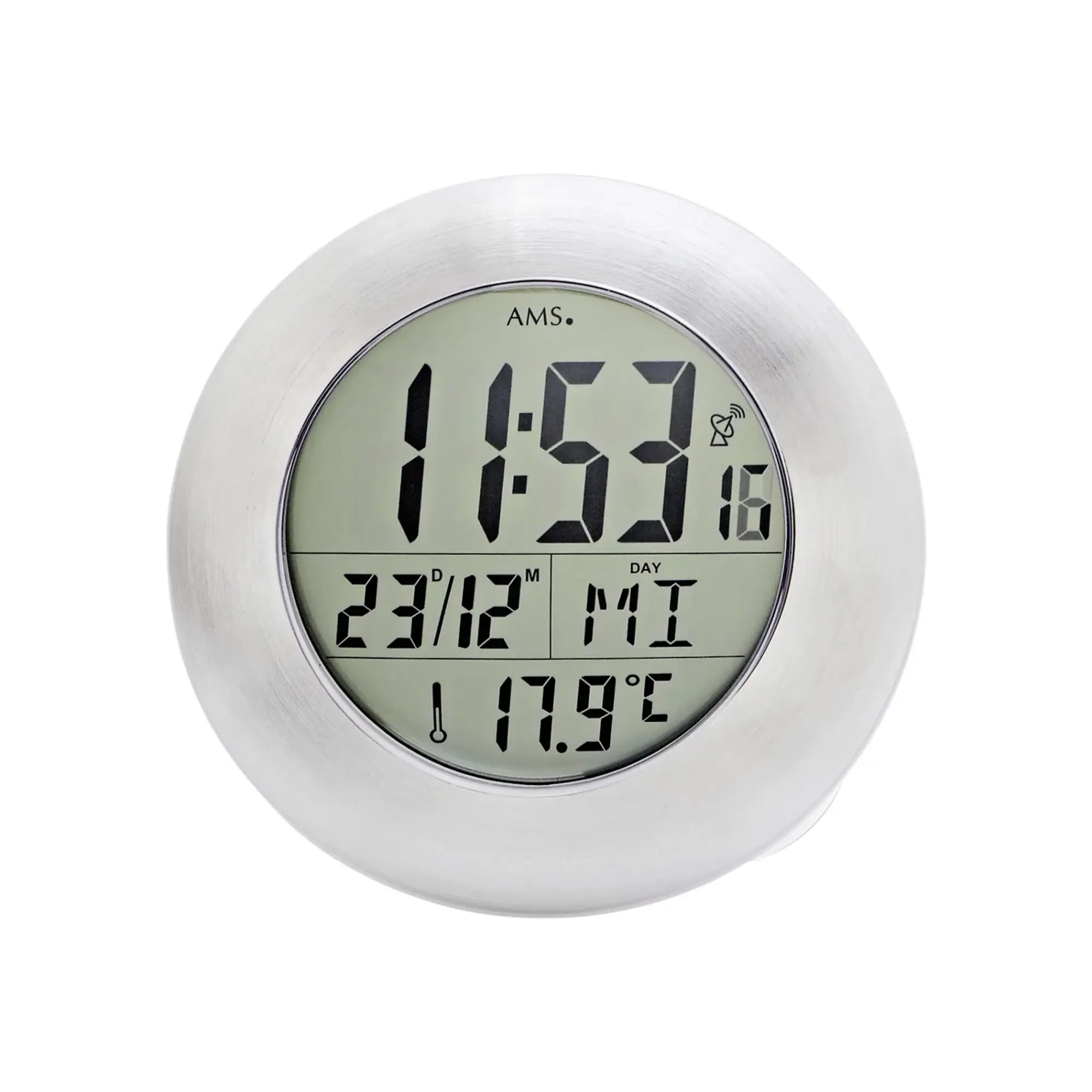Digitale Funk-Wanduhr mit LCD-Anzeige, Thermometer und Aluminiumgehäuse