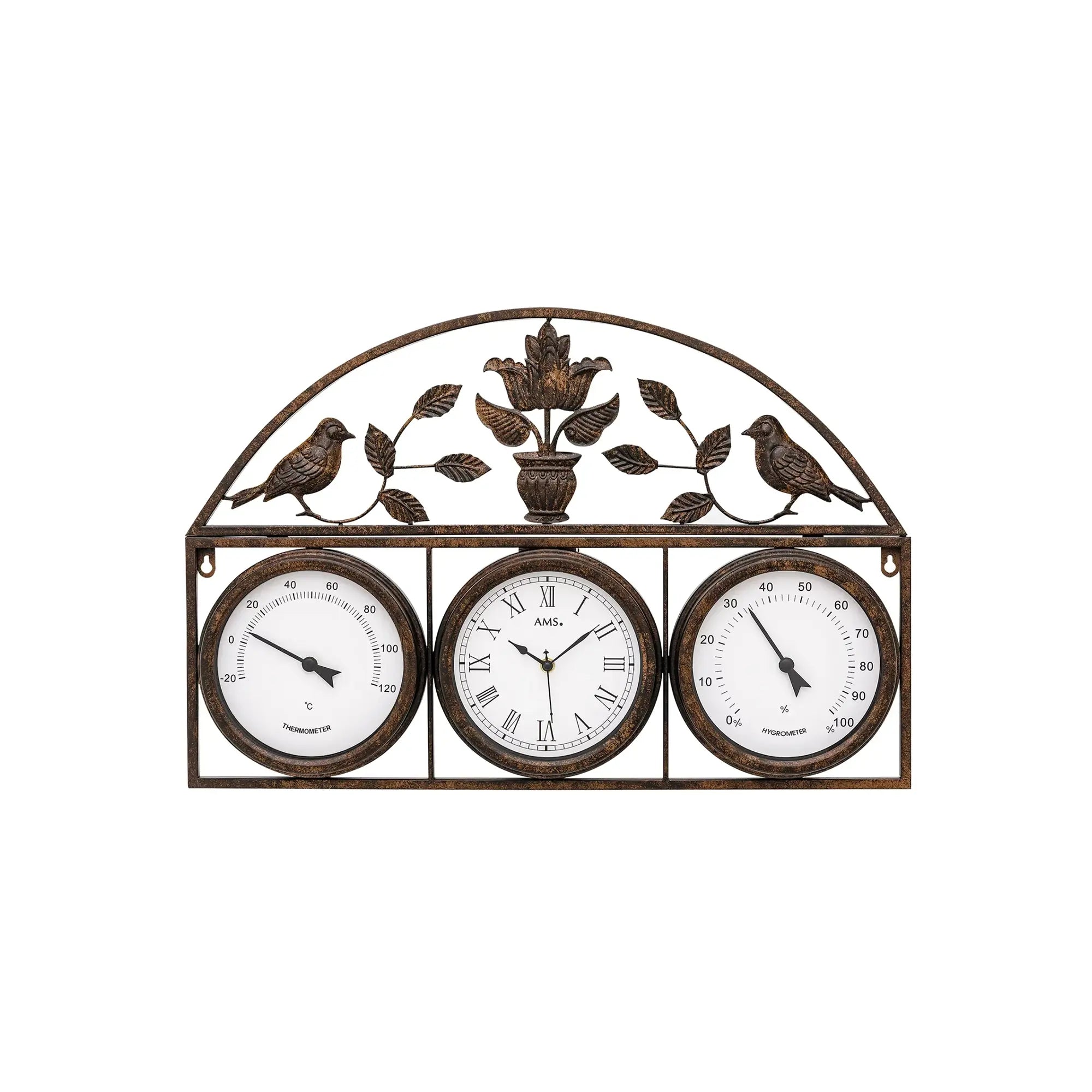 Wanduhr mit drei Uhren, Vogel- und Blattdekor über den Zifferblättern, antik