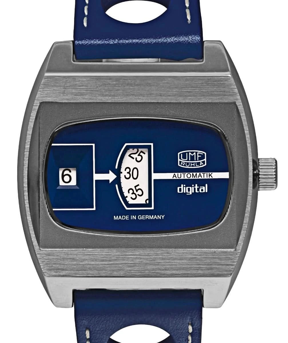 Scheibenuhr mit silbernem Metallgehäuse und blauem Ziffernblatt, digitales Display, UMF Ruhla Automatik