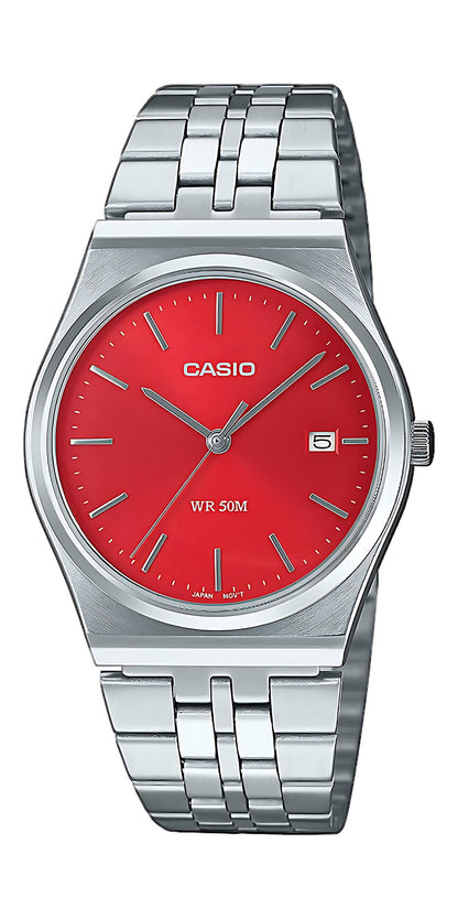 Casio Timeless Collection MTP-B145D-4A2VEF Uhr • Rotes Sunray-Zifferblatt • Edelstahl-Design