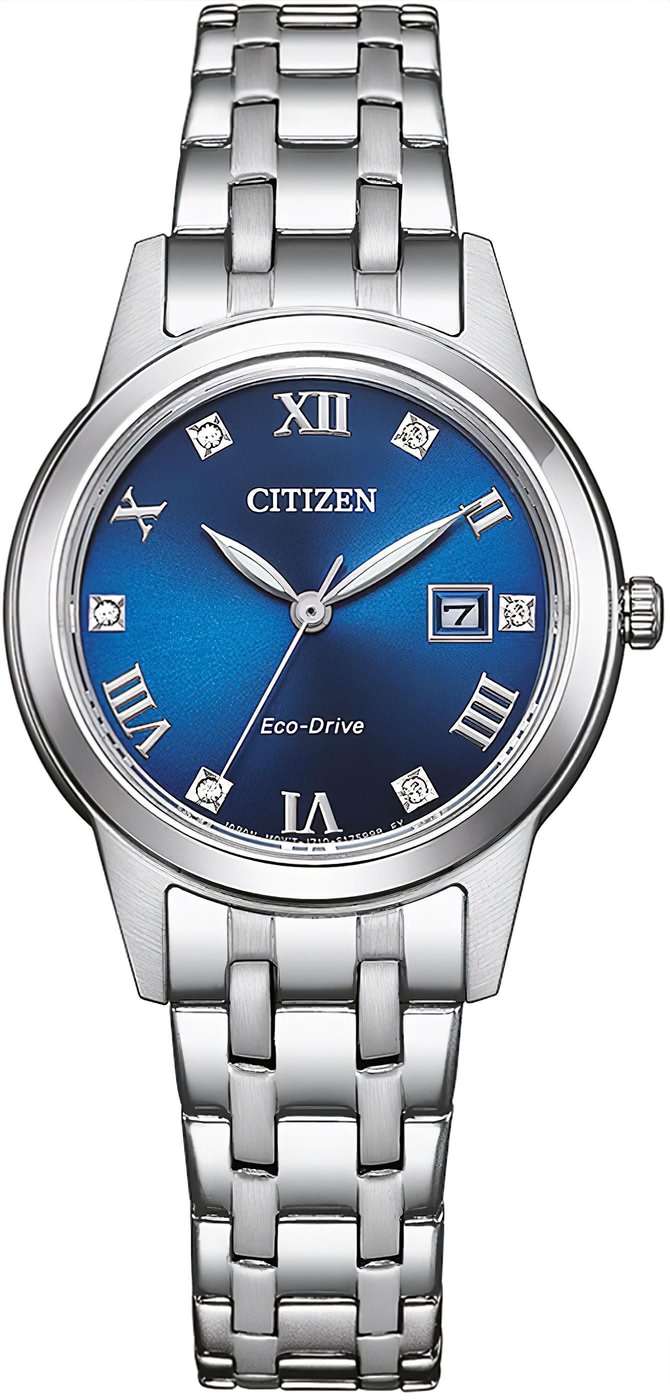 Citizen Damenuhr mit Eco-Drive: Edelstahlgehäuse, blaues Zifferblatt mit römischen Zahlen
