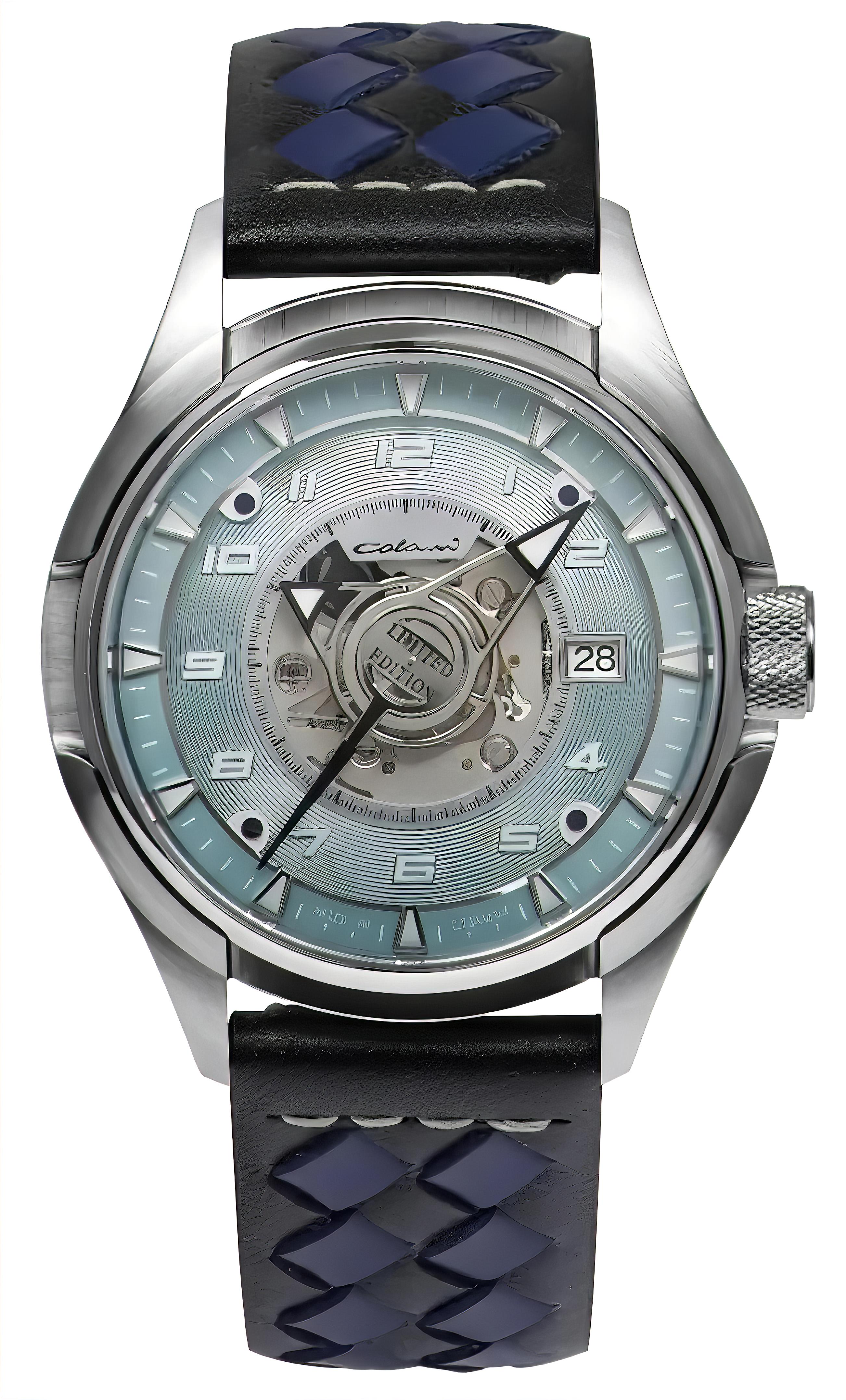 Colani 1372-3 Herrenuhr: silbernes Gehäuse, blaues Zifferblatt, Lederband schwarz mit blauen Nähten