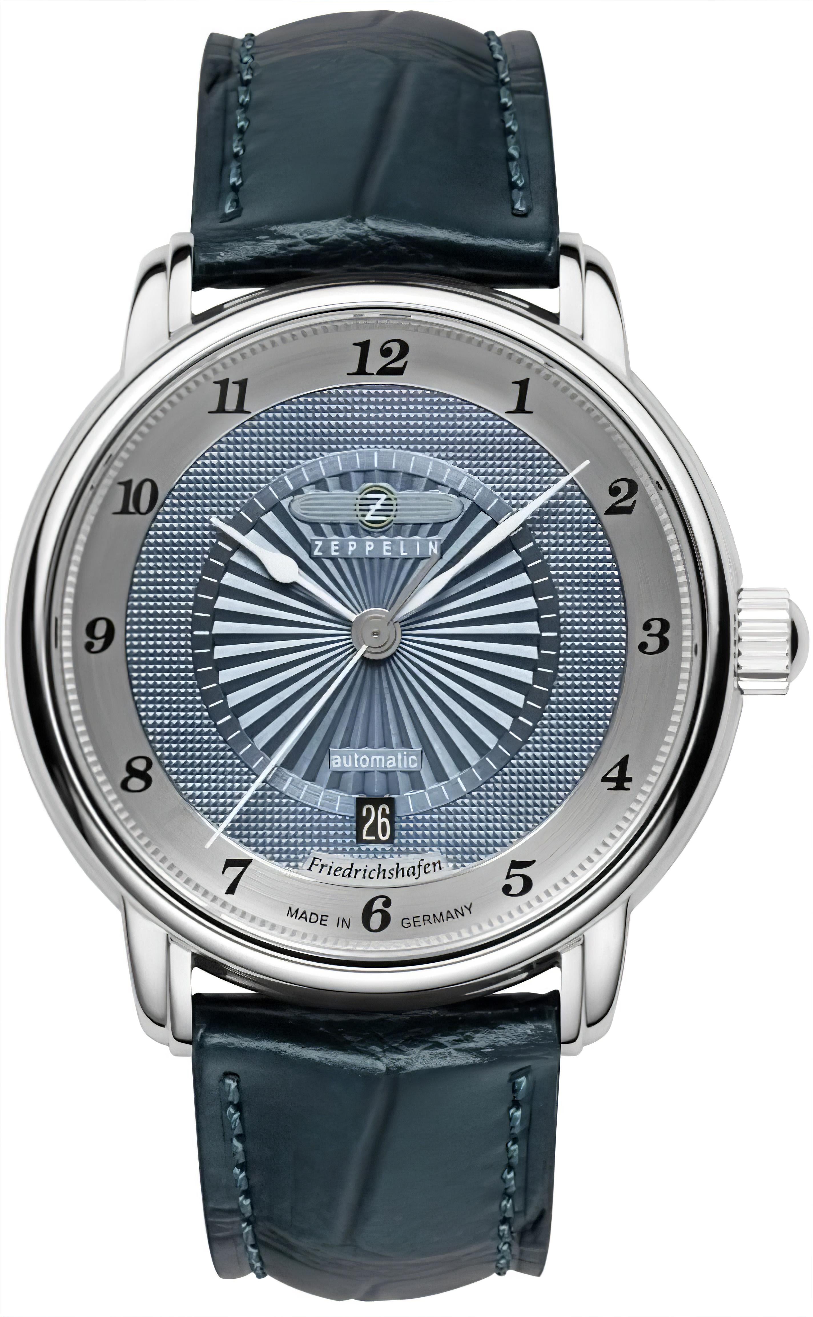 Herrenarmbanduhr Zeppelin mit blauem Zifferblatt, Lederarmband und Datumsanzeige 26