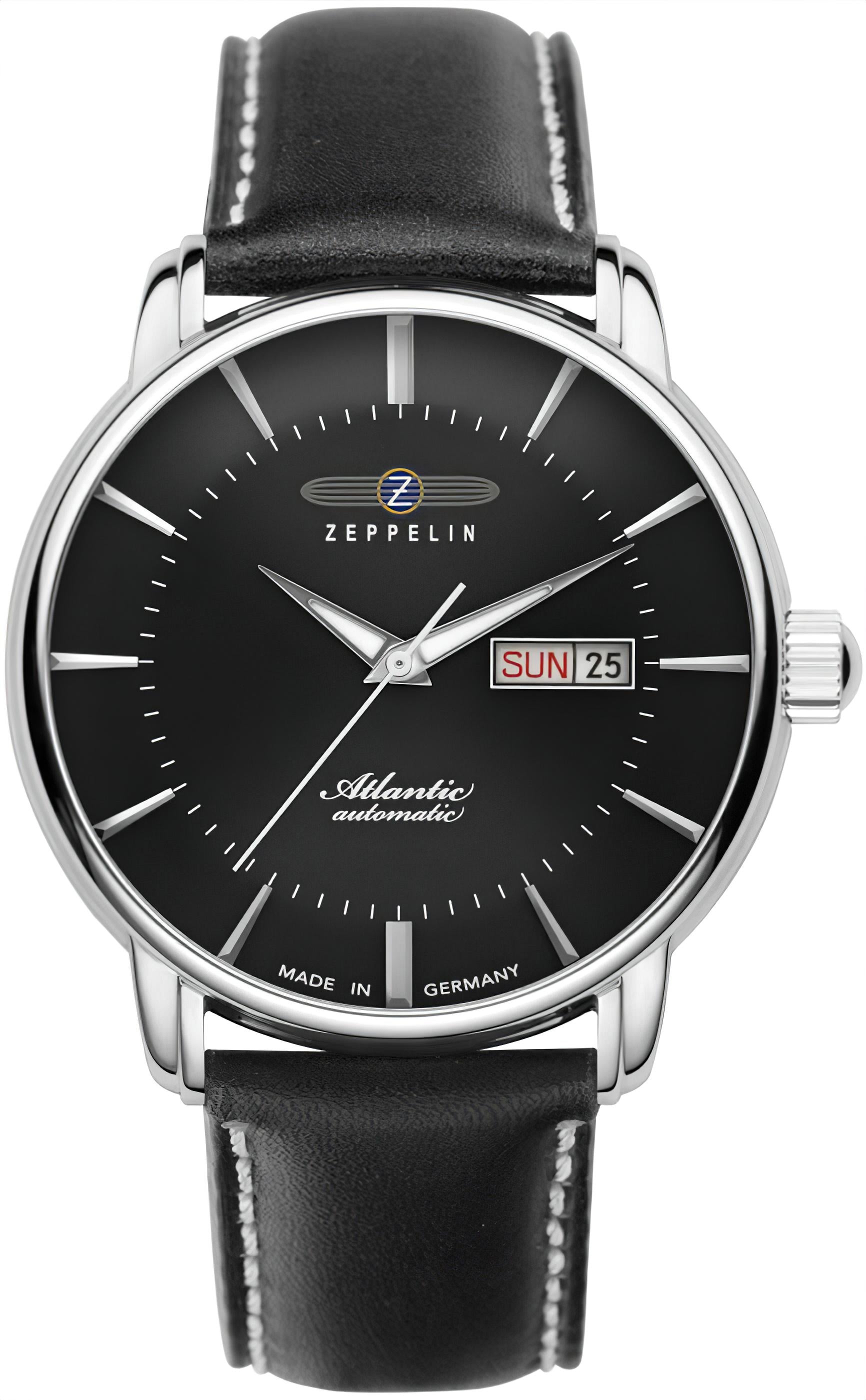 Zeppelin Atlantic Herrenuhr Automatik mit schwarzem Zifferblatt, Lederriemen und Datumsanzeige
