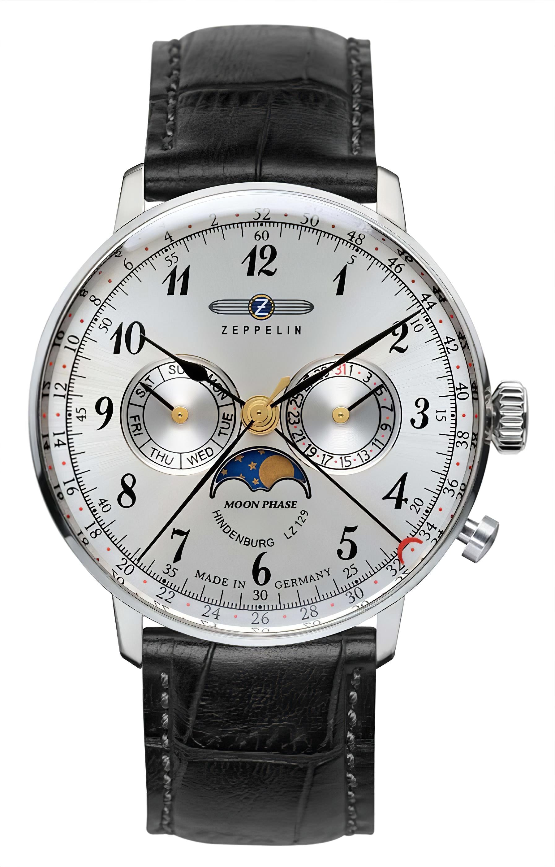 Herrenuhr mit schwarzem Lederarmband, silbernem Gehäuse und weißem Zifferblatt mit Mondphase