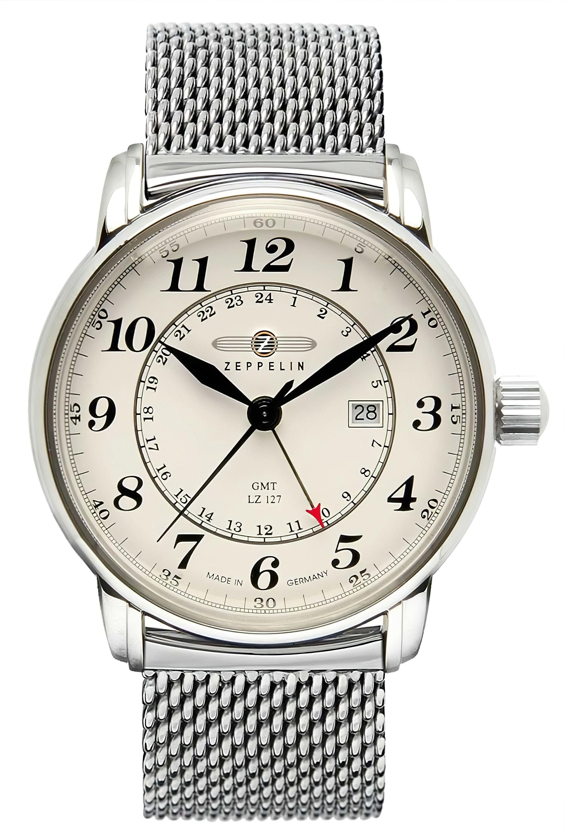 Zeppelin Herrenarmbanduhr mit silbernem Edelstahl-Meshband, rundem Gehäuse und weißem GMT-Zifferblatt