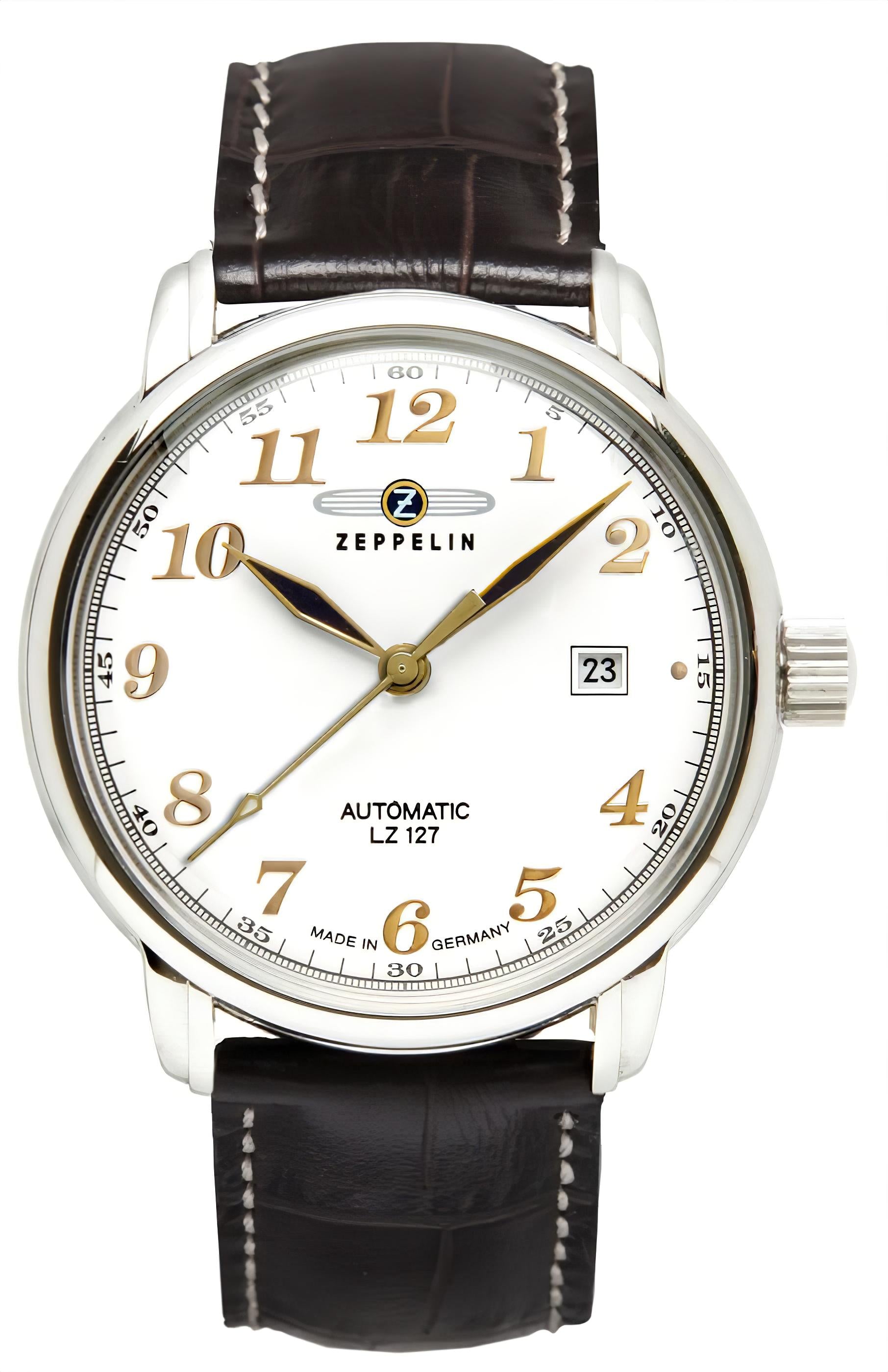 Herrenarmbanduhr mit braunem Lederarmband und weißem Zifferblatt mit Datumsanzeige