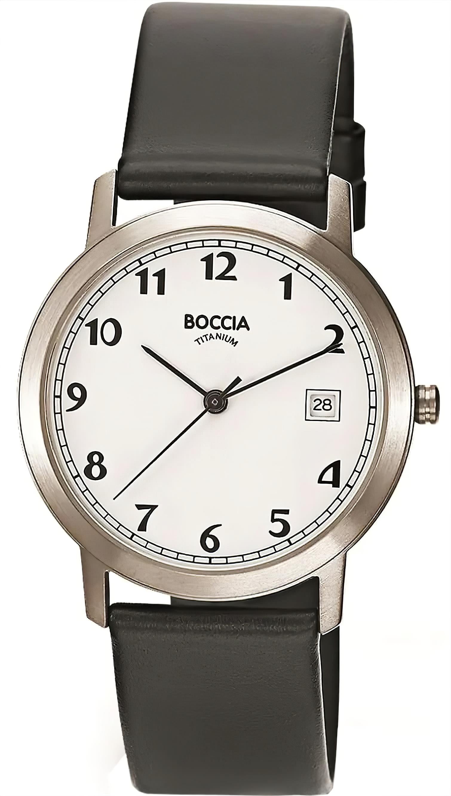 Boccia Herrenuhr: schwarzes Lederarmband, weißes Zifferblatt mit Datumsfenster, rundes Edelstahlgehäuse