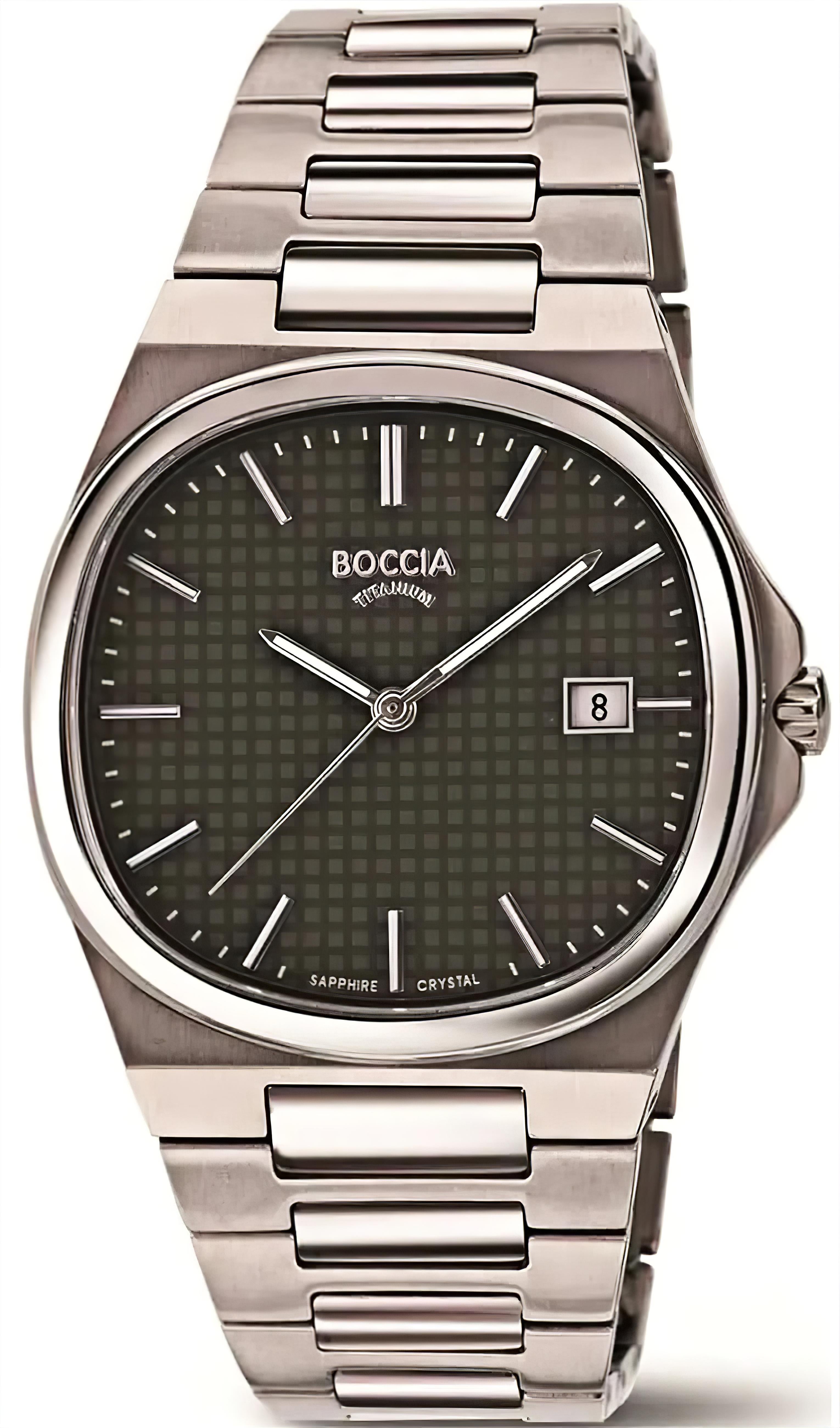 Boccia Herrenuhr mit Edelstahlarmband, dunklem Zifferblatt und Datumsanzeige
