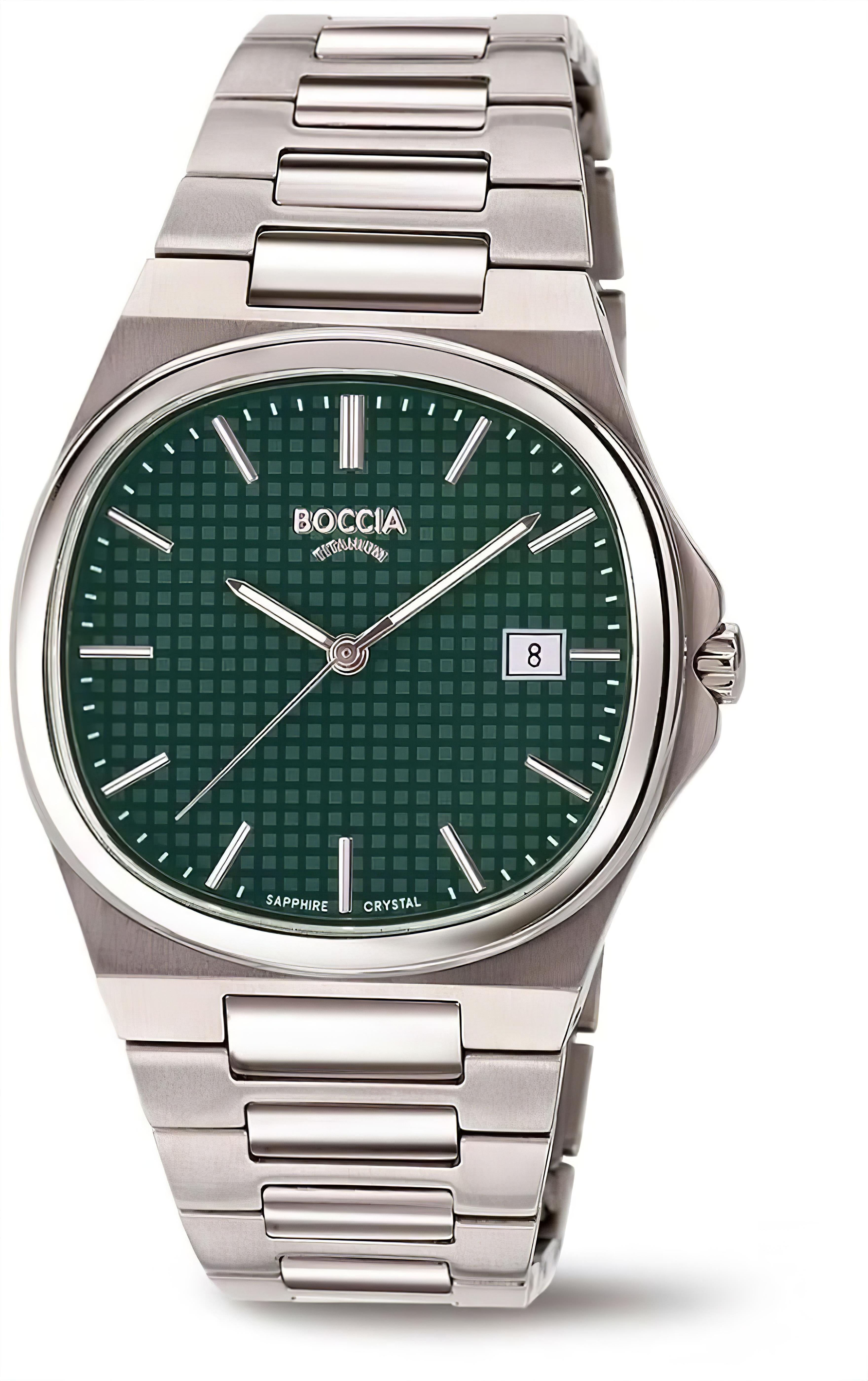 Boccia Herrenuhr mit silbernem Edelstahlband, grünem Zifferblatt, Datum bei 8
