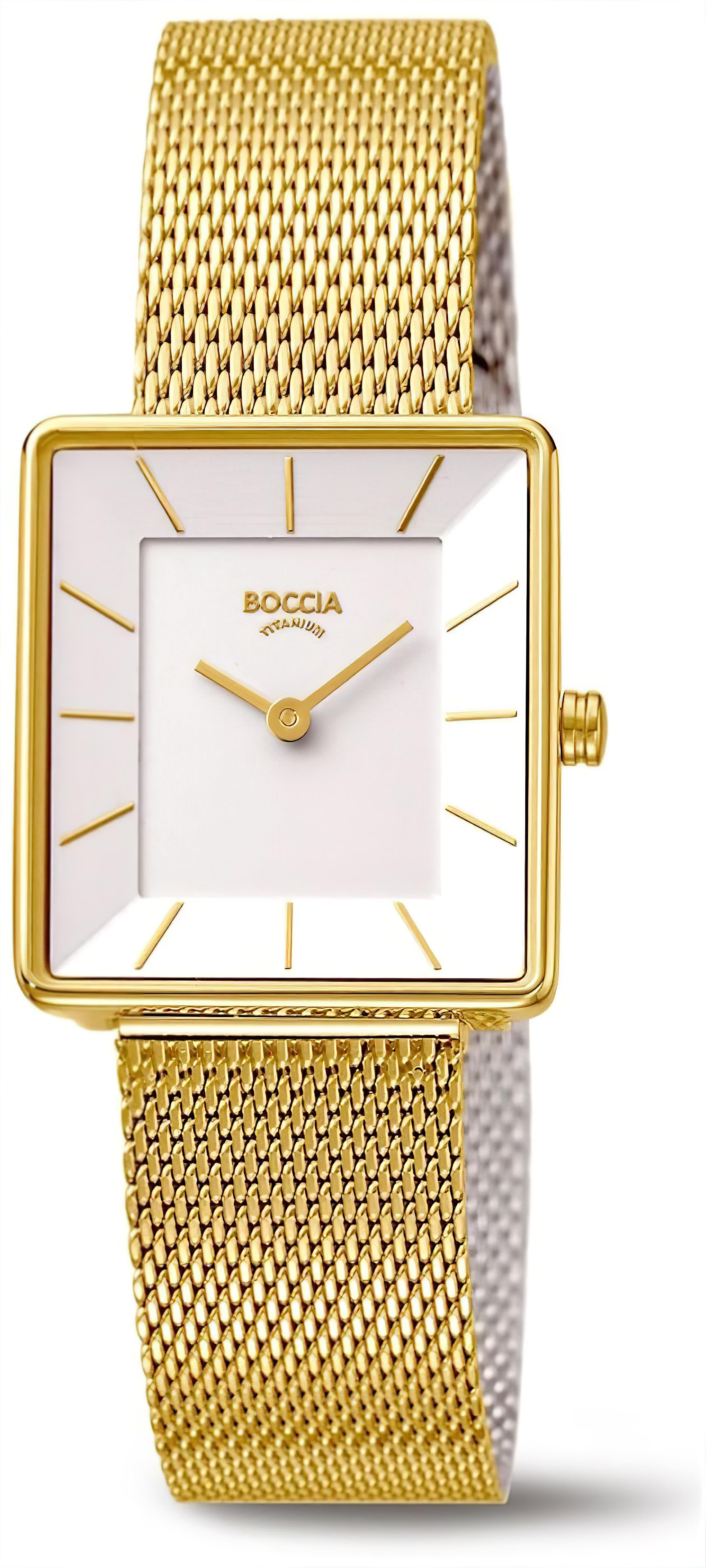 Boccia Damenuhr mit quadratischem Zifferblatt, goldenem Mesh-Armband und goldenen Zeigern