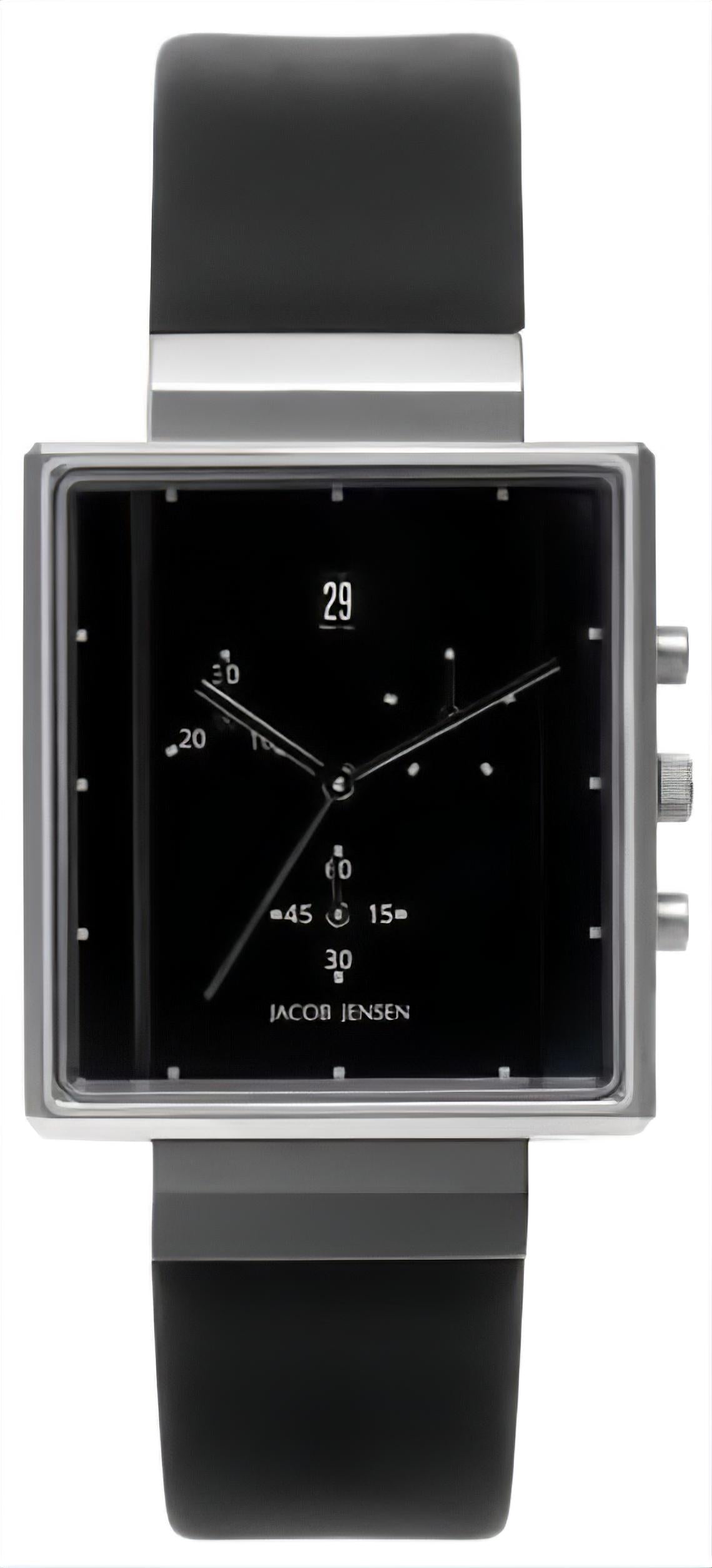 Jacob Jensen Herrenarmbanduhr mit rechteckigem Zifferblatt und schwarzem Armband