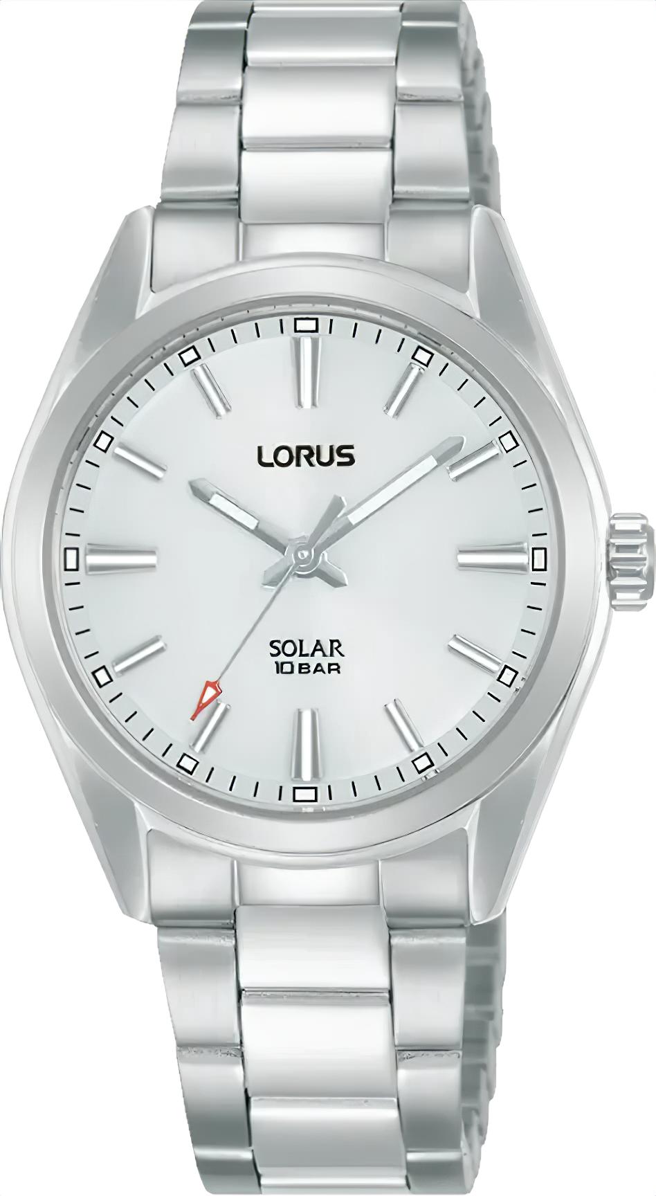 Silberfarbene Lorus Solararmbanduhr mit rundem Zifferblatt und 3 Zeigern