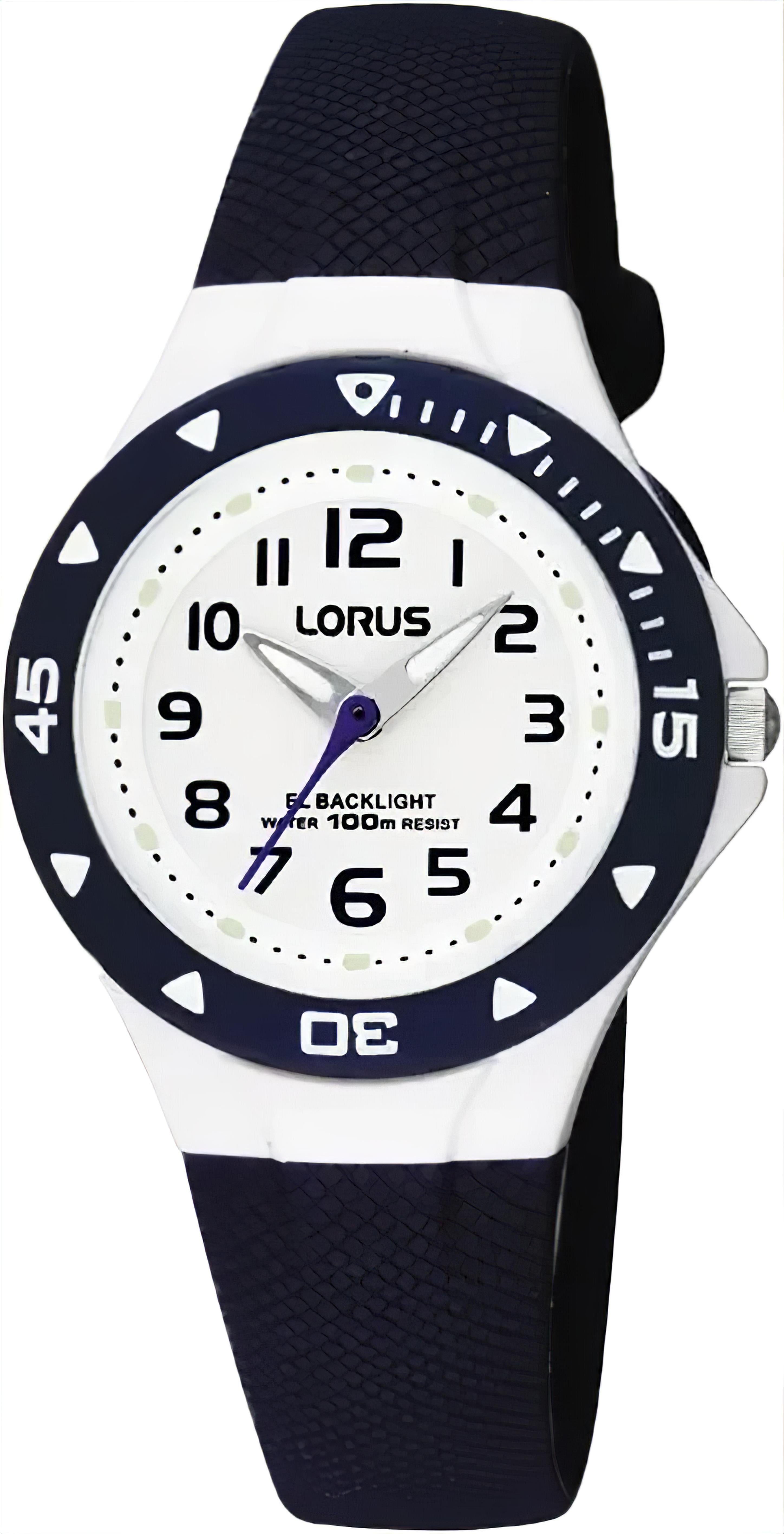 Lorus Kinderuhr mit dunklem Textilarmband, weißem Zifferblatt und drehbarer Lünette