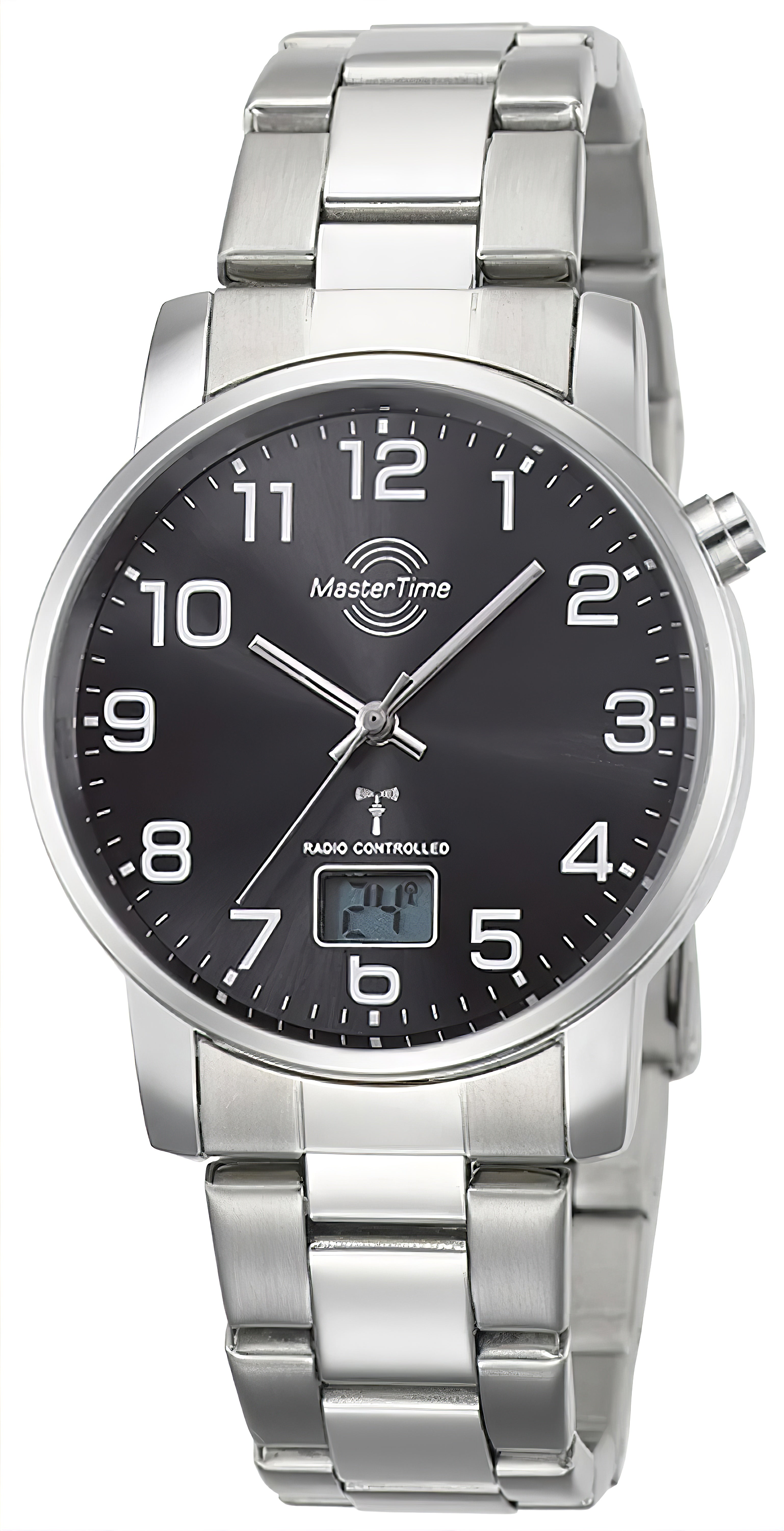 Herrenarmbanduhr MasterTime mit silbernem Metallband, schwarzem Zifferblatt und Datumsanzeige